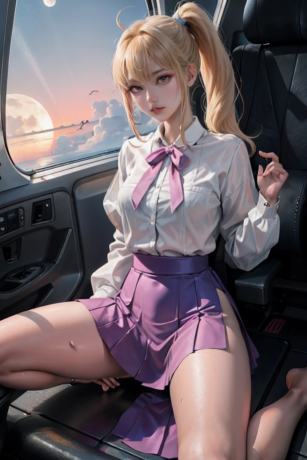 Real Images、(masterpiece:1.2、top-quality)、Lady 1、独奏、Stand kneeling、Physical education sitting、M-shaped legs、Open legs,summer clothing、itchy、reach、3When the moon、Cabin Crew、Open legs,poneyTail、校服、a miniskirt、White panty、camel's toe、Planes、Pink blouse、Services for passengers、water dripping、Wet、Provision of safety instructions、Response to emergencies、bangss、(Glossy skin:1.15)、