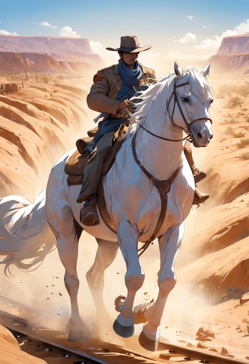 There is a man on a white horse in front of a moving train in the desert, (deserto), (Trem), andar a cavalo branco, Vaqueiro, Vaqueiro , Foto de um cowboy, No Velho Oeste, O Vaqueiro no velho Oeste, Velho Oeste, Lone guard, sonho de Vaqueiro, quadrinhos ocidentais inspirados, lonely rider, Directed by: Cíntia Wright, space western, Fotografia Moonwalker