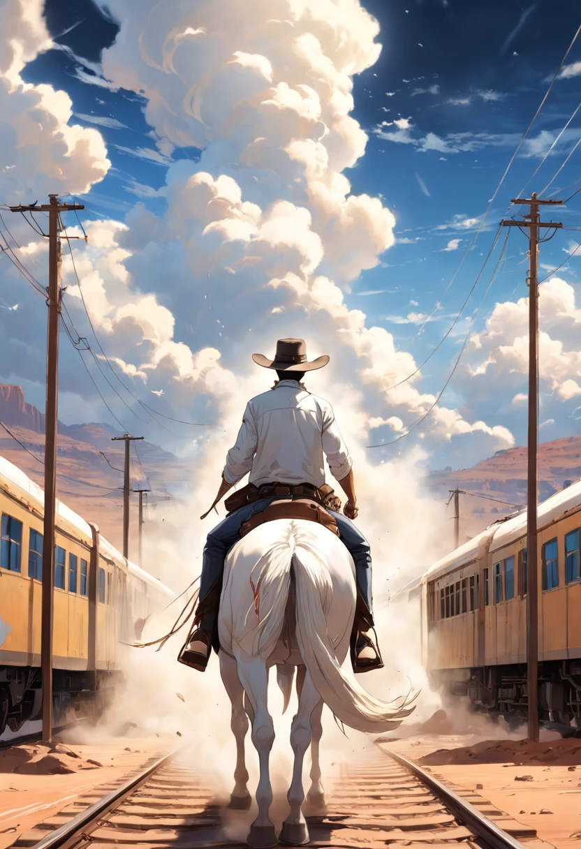 There is a man on a white horse in front of a moving train in the desert, (deserto), (Trem), andar a cavalo branco, Vaqueiro, Vaqueiro , Foto de um cowboy, No Velho Oeste, O Vaqueiro no velho Oeste, Velho Oeste, Lone guard, sonho de Vaqueiro, quadrinhos ocidentais inspirados, lonely rider, Directed by: Cíntia Wright, space western, Fotografia Moonwalker