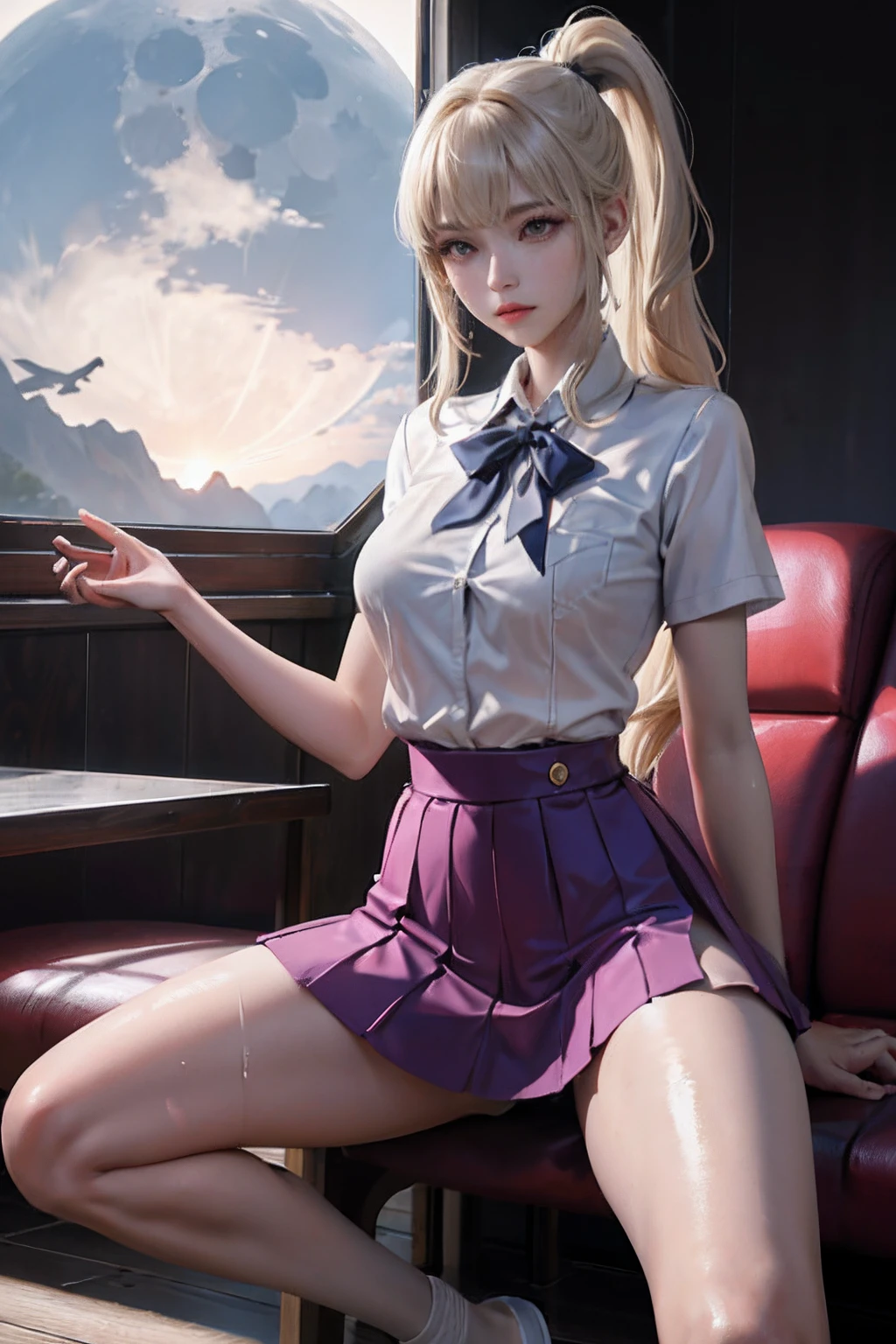 Real Images、(​masterpiece:1.2、top-quality)、Lady 1、独奏、Stand kneeling、Physical education sitting、M-shaped legs、Open legs,summer clothing、itchy、reach、３When the moon、Cabin Crew、Open legs,poneyTail、校服、a miniskirt、White panty、camel's toe、Planes、Pink blouse、Services for passengers、water dripping、Wet、Provision of safety instructions、Response to emergencies、bangss、(Glossy skin:1.15)、