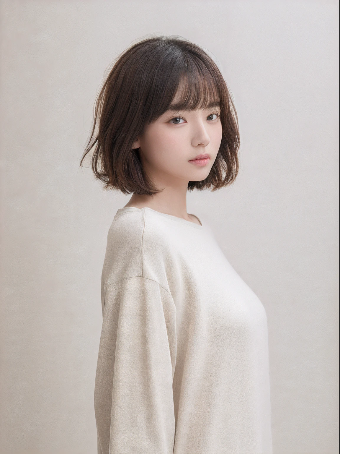 ((masterpiece,top-quality)), (photographrealistic:1.4),((masutepiece,8K)),hight resolution, Japanese, 1 beautiful woman, Medium Hair, faint thin bangs, Age 32 years old, Detailed skin, Long-sleeved sweatshirt、cropped pants, Standing, White background, White Room,white walls, fully body photo