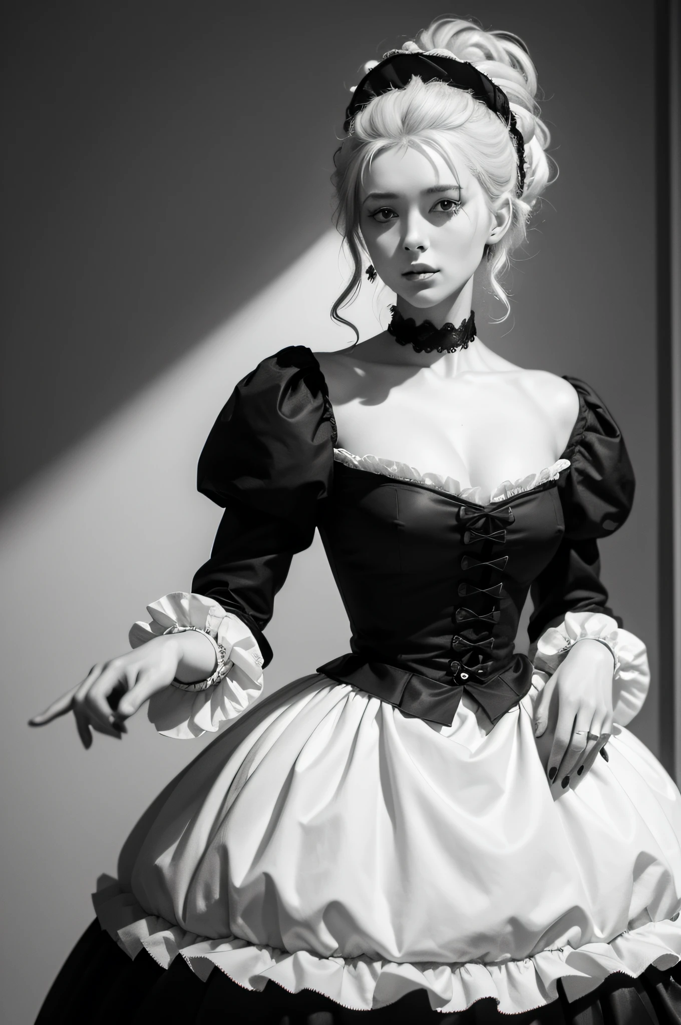 ILLUSTRATION of MARIE ANTOINETTE in the style of noir comic art, uhd image, romantic manga, contrasting shadows, highly detailed and realistic, monochromatic white figure, 8k resolution, visible neck and shoulder --ar 16:9 --stylize 250 --weird 25 --style raw