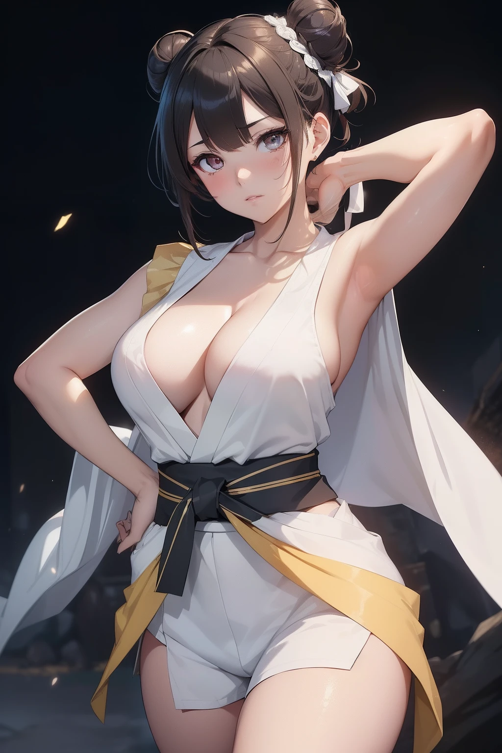 (masterpiece, best quality, photorealistic, cinematic), expressive eyes, perfect face, perfect hands, ((large cleavage)), long round legs, round ass, ((voluptuous anime girl)), (((anime girl posing in a form-fitting white and sleeveless kimono-style blouse, tied with a dark obi around her waist and short golden white shorts))), ((black-haired mage, a traditional updo or bun hairstyle)), seductive anime girl, Ayaka genshin impact, extremely detailed artgerm, from girls frontline, range murata and artgerm, xianxia, style artgerm, beautiful alluring anime woman, thicc, guweiz on artstation pixiv, ((nude)), ((medium shot)), ((dynamic background))