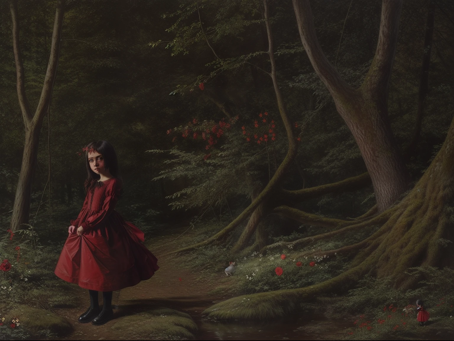 lostgirls, a painting of a girl in a red dress, wholesome, dark forest, lost, flowers, a rat, greenery