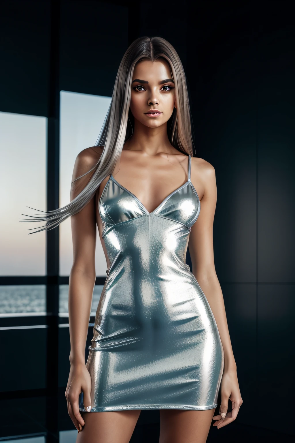 Full shot,Top quality, masterpiece, 1 girl, beautiful face, (photo accuracy: 1.3), local illumination, (high definition skin: 1.2), 8k ultra high definition, multi-single computer, high quality, high definition, 8k,32k, white hair  maximum length :1.8,HD:1.8, Landscape, steampunk, Best proportional four fingers and one thumb, (Density: 1.3), Dazzlingly beautiful 1 girl, Wearing an ultra-short sheer organza dress with a deep neckline and a sexy neckline, Medium bust, Short  sleeve, high-definition: 1.9, stilettos are white, with gold patterns, high-definition: 1.9. --auto --s2
