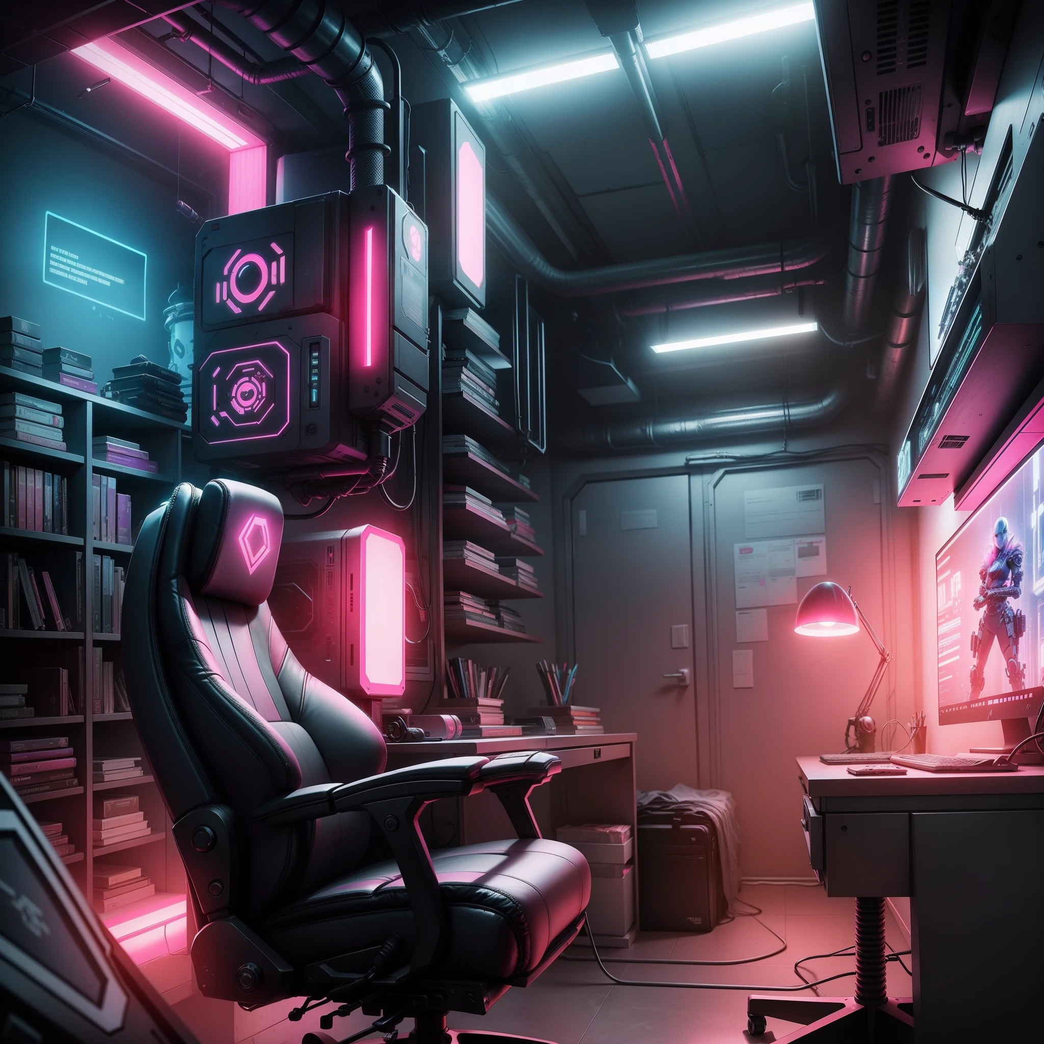 cyberpunk gamer office, realistic, pink lights