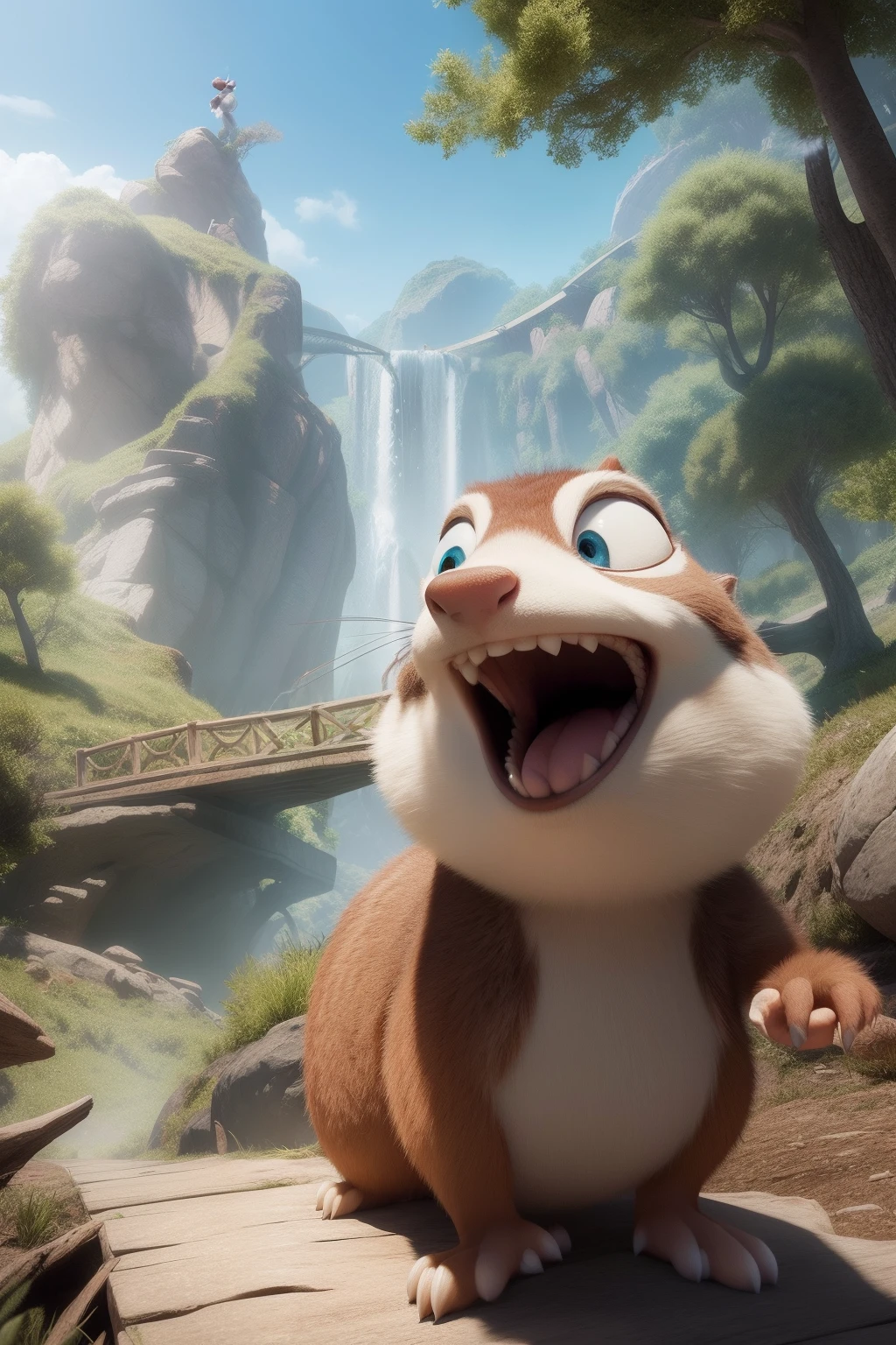 Cinematic experience: Follow Scrat's Epic Mission, as he navigates a treacherous bridge towards a colossal acorn. Bring the iconic Ice Age character to life, Scrat, in a cinematic masterpiece. Capture o suspense enquanto ele oscila no limite da aventura, pisando cautelosamente na ponte oscilante, leading to the final prize - a gigantic acorn. Use dramatic lighting and dynamic angles to evoke awe and anticipation, fazendo com que os espectadores se sintam parte dessa escapada maluca.