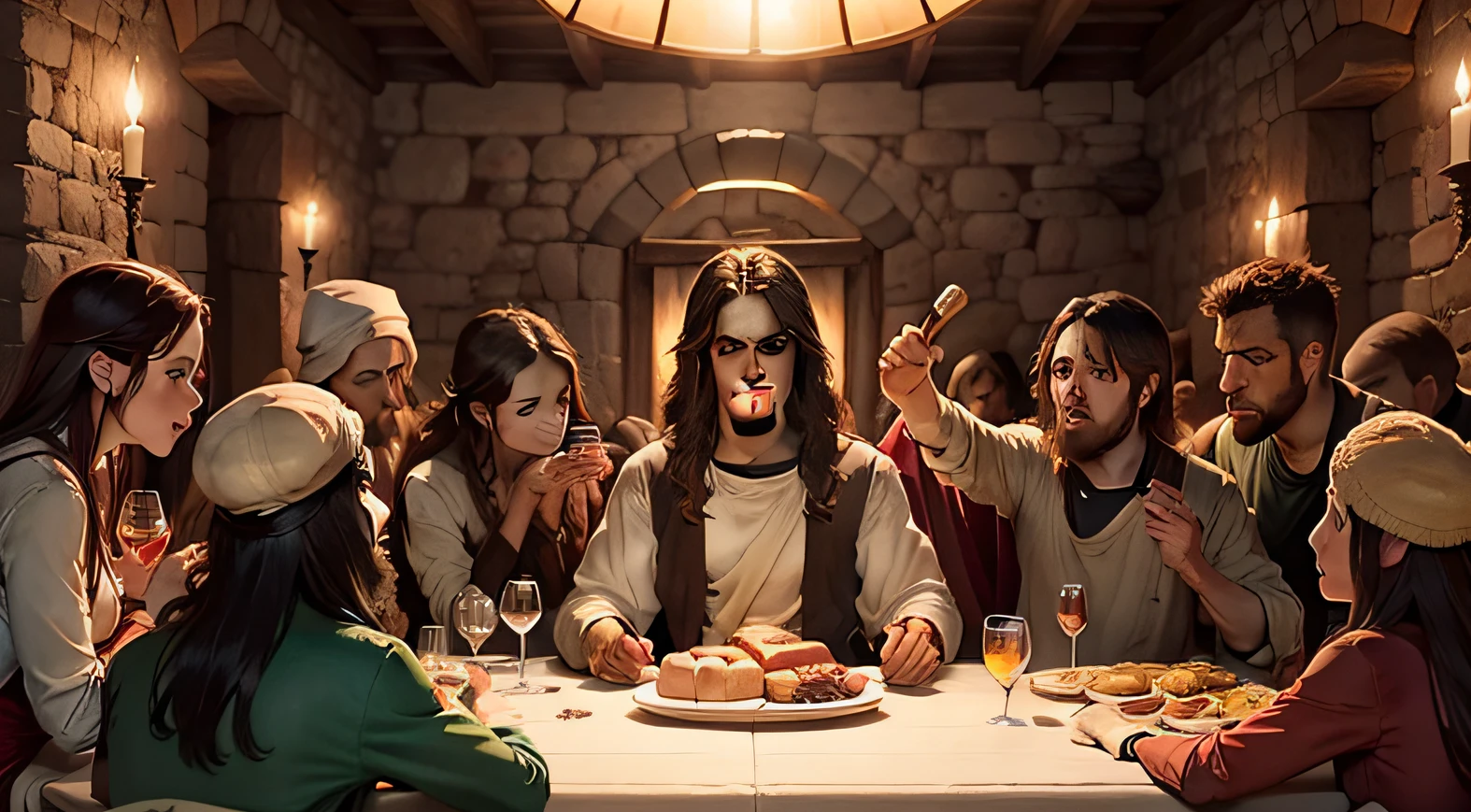 Draw a scene depicting Jesus' Last Supper with his disciples, highlighting the communion and symbolism of bread and wine.