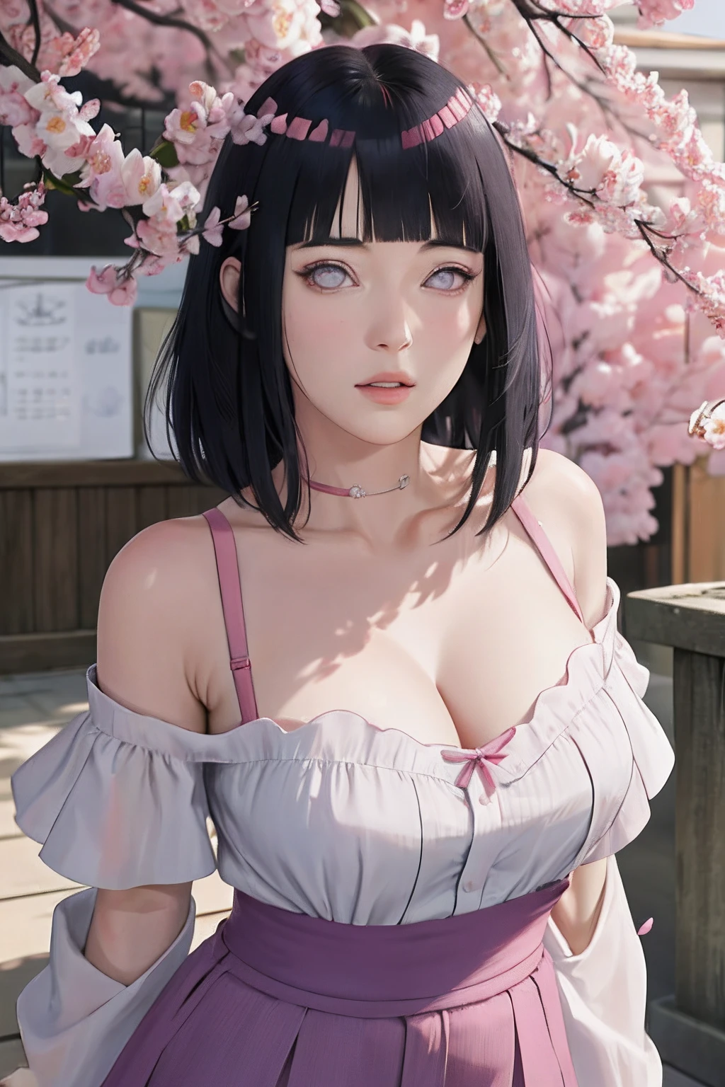 masterpiece, absurdres, hinata\(boruto\), 1girl, solo,mature female, off-shoulder strap bra, high waist short skirt, looking at viewer, (falling petals), perfect composition, detailed lips, big breast, beautiful face, body propotion, blush, (pink lips), long hair, purple eyes, soft gaze, super realistic, detailed, photoshoot, realistic face and body,