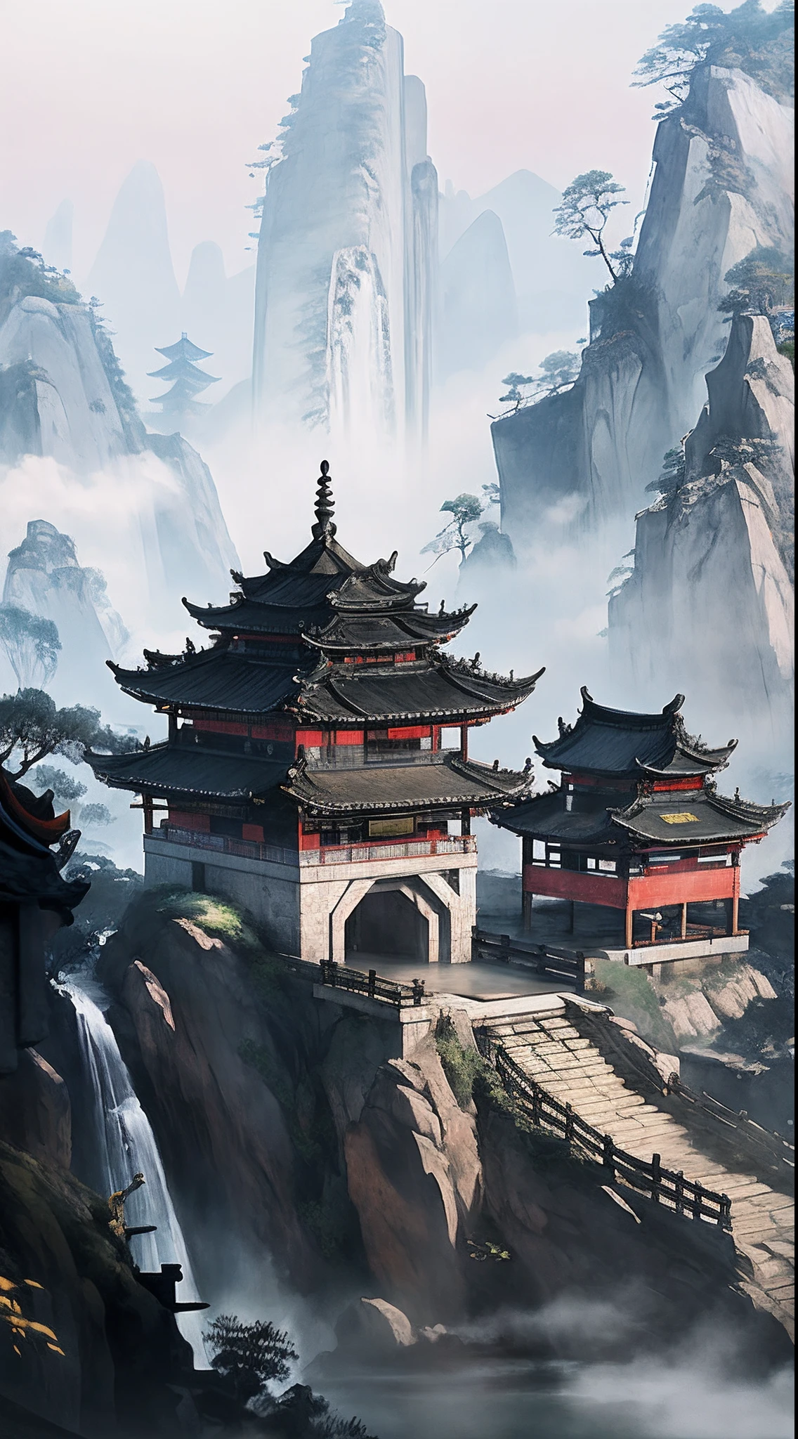 There is a painting of Chinese architecture in the snow, beautiful renderings of the Tang Dynasty, illustrated matte paintings, highly detailed matte paintings, digital paintings of pagodas, ultra-detailed matte paintings, detailed matte paintings, ultra-detailed 3D matte paintings, 2:1