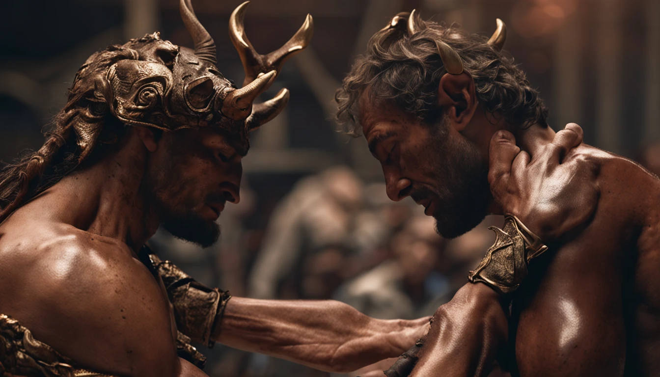 Theseus holding the dead minotaur's head in his hands