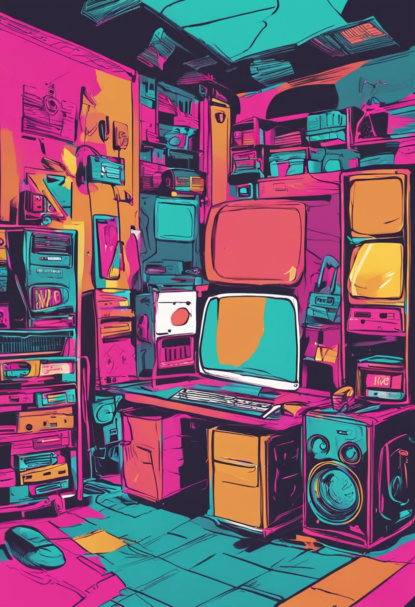 A picture of a colorful gamer's room,It has a computer and the word "live"