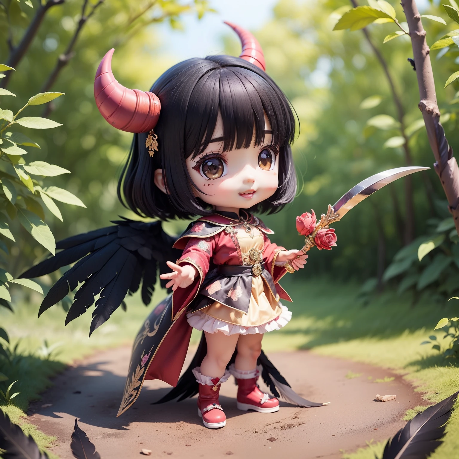 Cute Baby Chibi Anime,Super masterpiece, top-quality, Ultra-detailed, girl1、(((Chibi Devil)))、Black Shorthair、Open your mouth and smile、A detailed face、Luxurious embroidered costume in black and purple、、Holding a long-handled sickle in his hand、(the presence of black feathers on the back,:1.4)、Fairytale autumn forest、Red roses Black roses