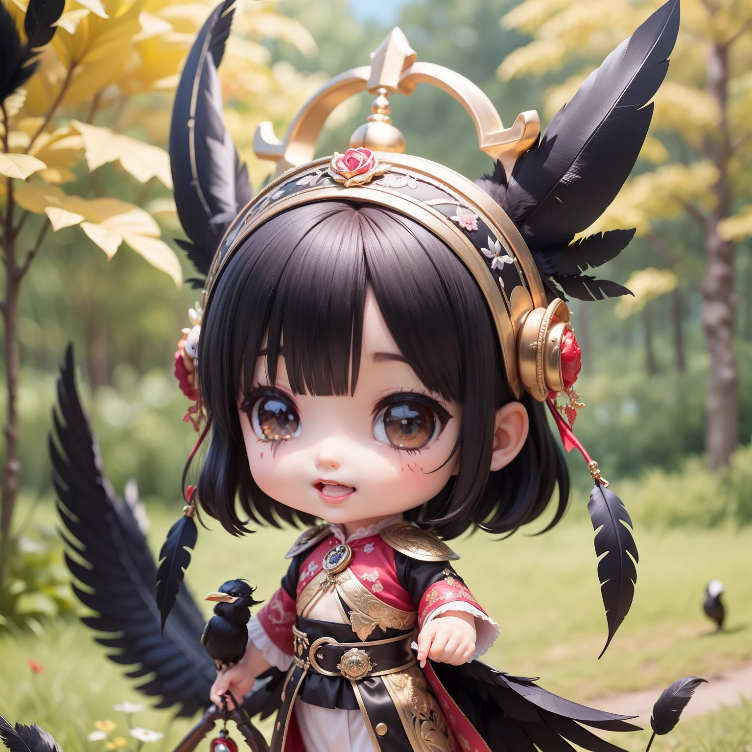 Cute Chibi Anime,Super masterpiece, top-quality, Ultra-detailed, girl1、(((Chibi Devil)))、Black Shorthair、Open your mouth and smile、A detailed face、Luxurious embroidered costume in black and purple、、Holding a long-handled sickle in his hand、(the presence of black feathers on the back,:1.4)、Fairytale autumn forest、Red roses Black roses