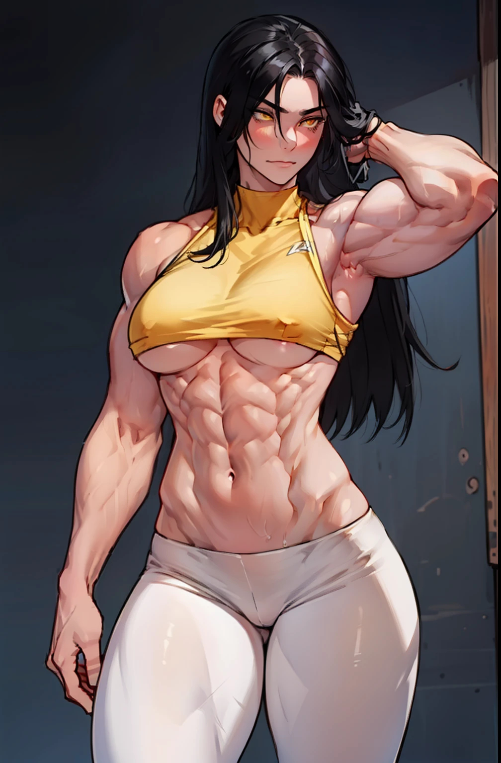 ((((((1 girl)))))), black hair, yellow eyes, very long hair, ((((((muscular)))))), tall, pale skin, (underboob and leggings), (solo), (seductive expression), cowboy shot, thick thighs