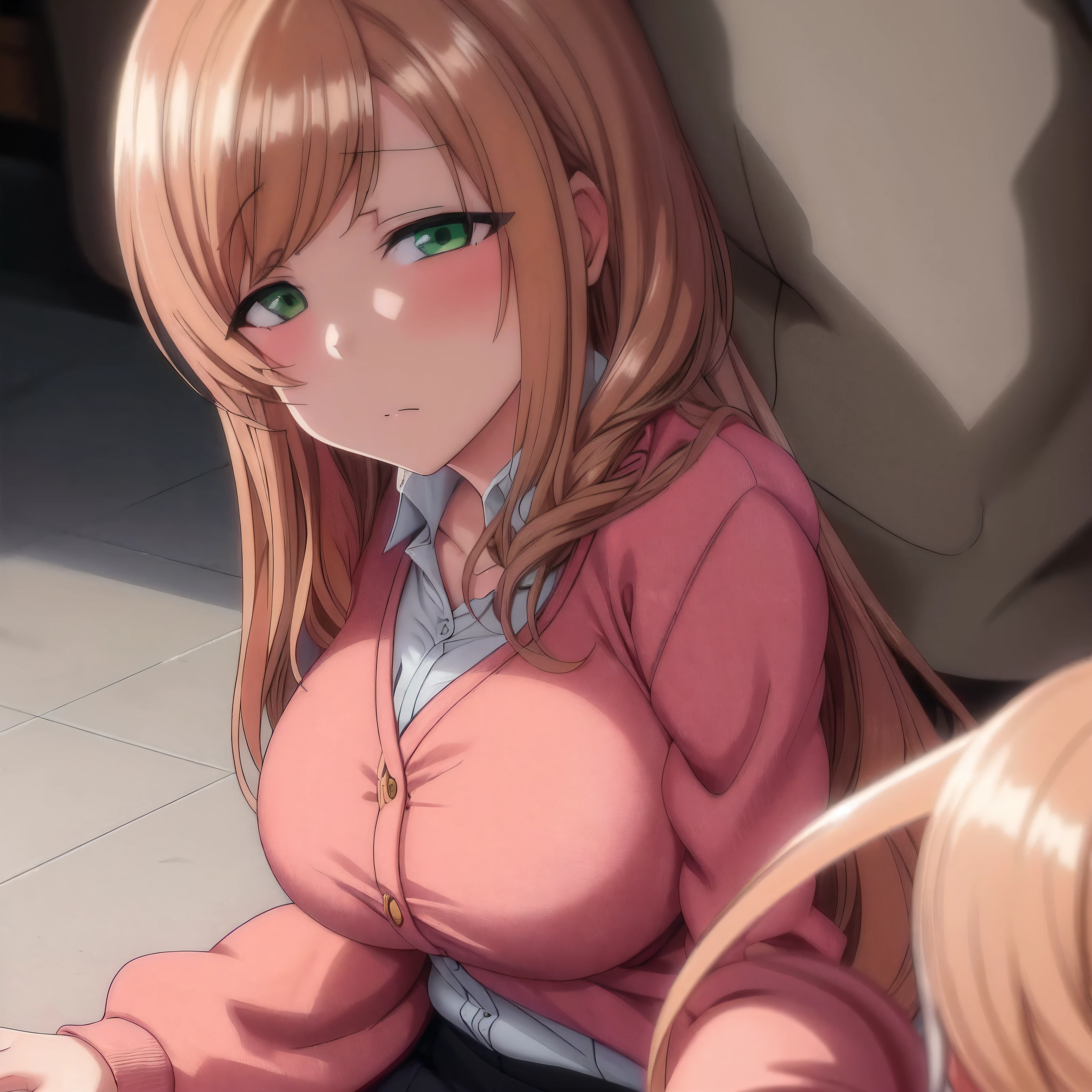 highest quality, High resolution, (huge breasts:1.2), whimsical tierage, blonde hair, green eyes, hair intake, long hair, low-tied long hair, Glasses, blush, embarrassing, (((full nude)))large breasts, nipples, blush cheeks, breath, sweat, undressing, BREAK hetero, (hetero couple),(sex:1.5),(vaginal),spread legs,lying,on back,penis,cum in pussy, (focus on girl), nsfw, cowgirl position