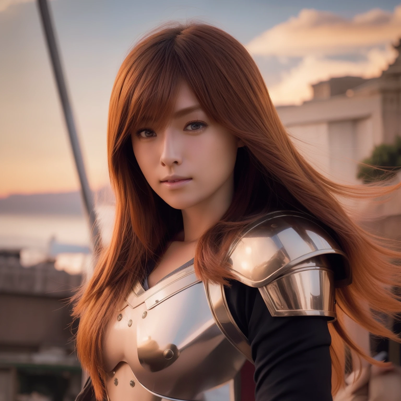 battlefield、s Armor、red armor、Hold your sword、femele、Rin々Looks、Staring into the distance、Flags flutter、Beautiful face、early evening、the setting sun、equine、Falling people、Revolutions、red hairs、Medium hair、Fluffy hair、Pretty Woman、25-years old、realisitic、