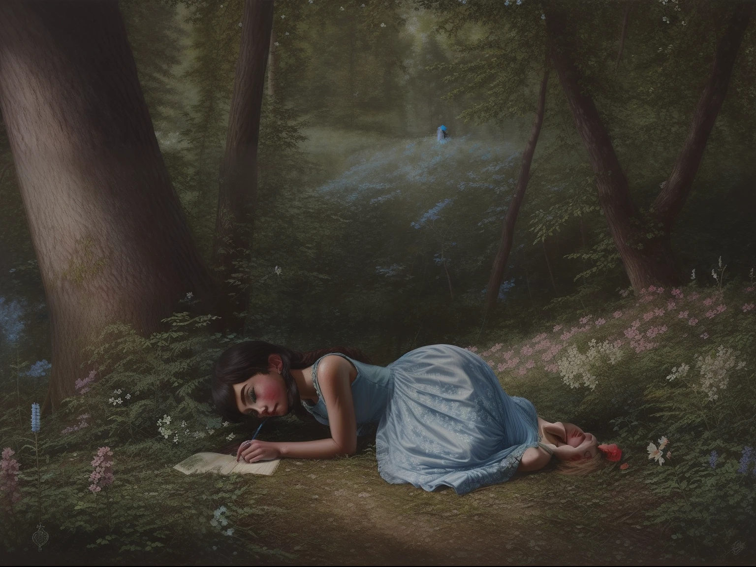 lostgirls, a painting of a girl in a light blue dress, wholesome, dark forest, lost, flowers, greenery