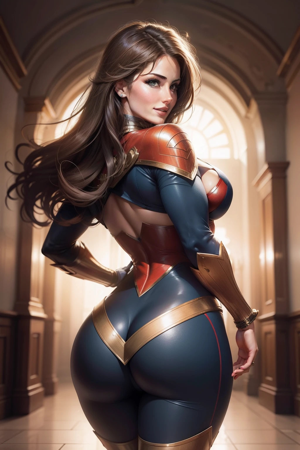lucy pinder, portrait, back, superheroine, smiling, sexy.