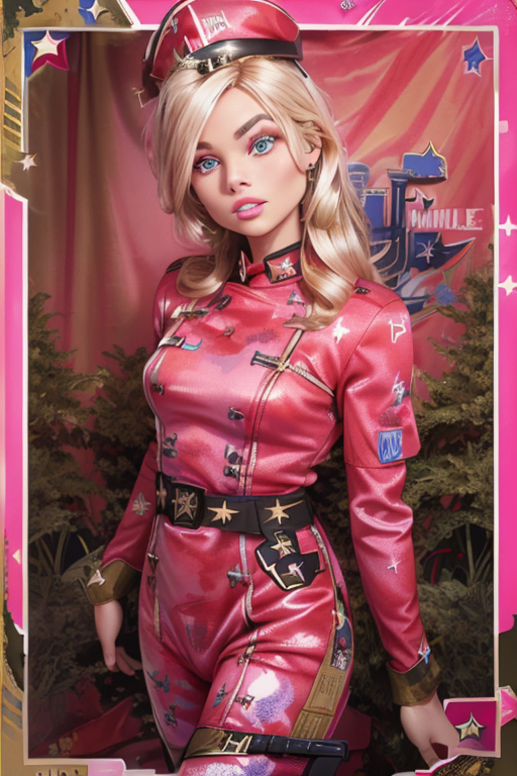 masterpiece, ultra high resolution, high resolution, hyper-detail, 1girl, inboxDollPlaySetQuiron style, full body, no humans, doll, toy, Barbie, in a gift box, character print, blonde hair, middle length hair, bright blue eyes, (wearing a detailed pink theme (military outfit:1.75) and matching accessories:1.5), pink sparkles, sprinkles, barbie pink color theme, beautiful female barbie, full lips, parted_lips, heavy make-up, smoky eyes, detailed eyes, pretty face, 3DMM, inboxDollPlaySetQuiron style,(Margot Robbie),