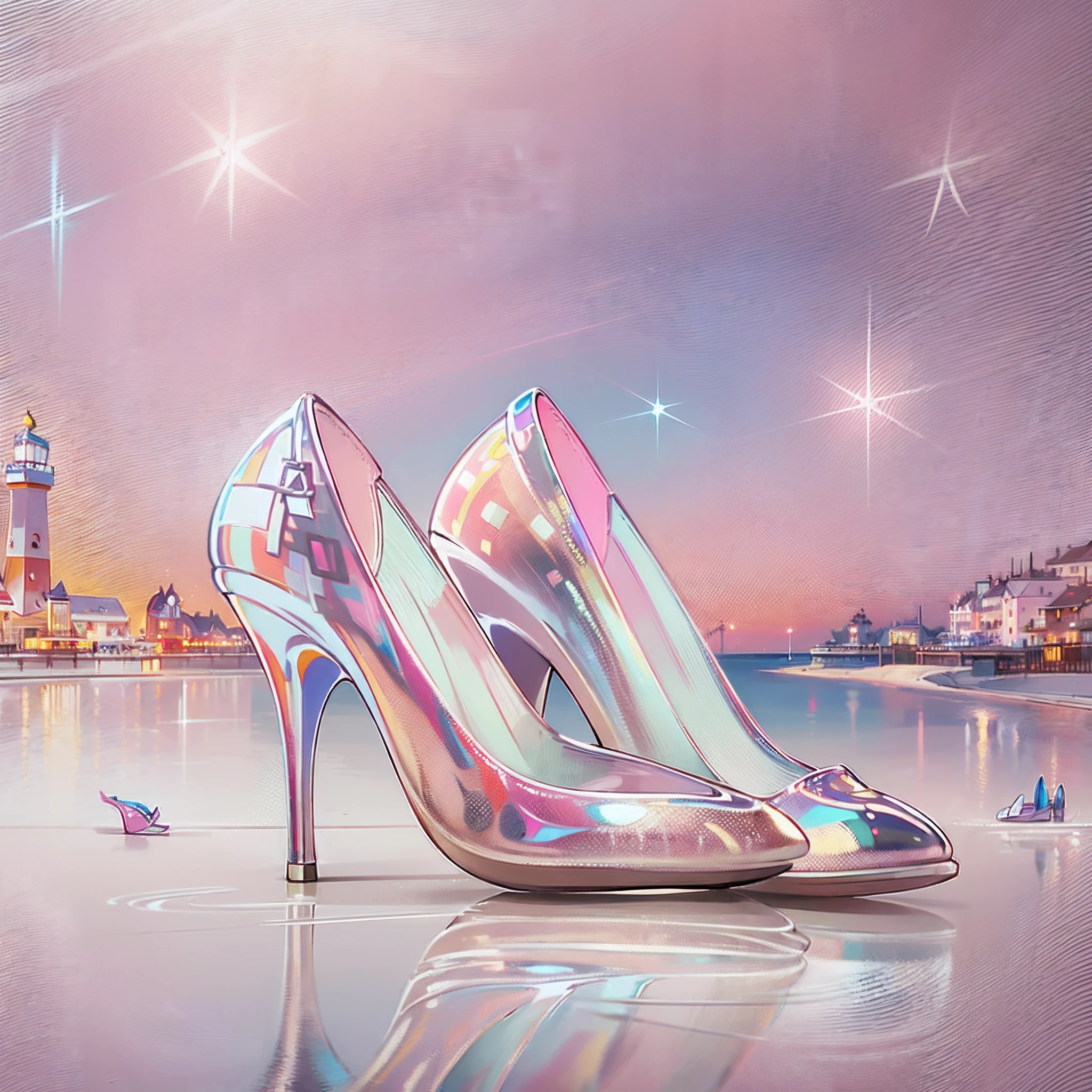 A pair of high heels,without humans,(Top resolution:1.5), (Top image quality:1.5), Close-up of a pair of shoes on a shiny surface, slightly holographic, fairy tale style background, made in adobe illustrator, Magical items, holograph, illustration!, Pink high heels, Crystal heels, (The background is the seaside:1.6)