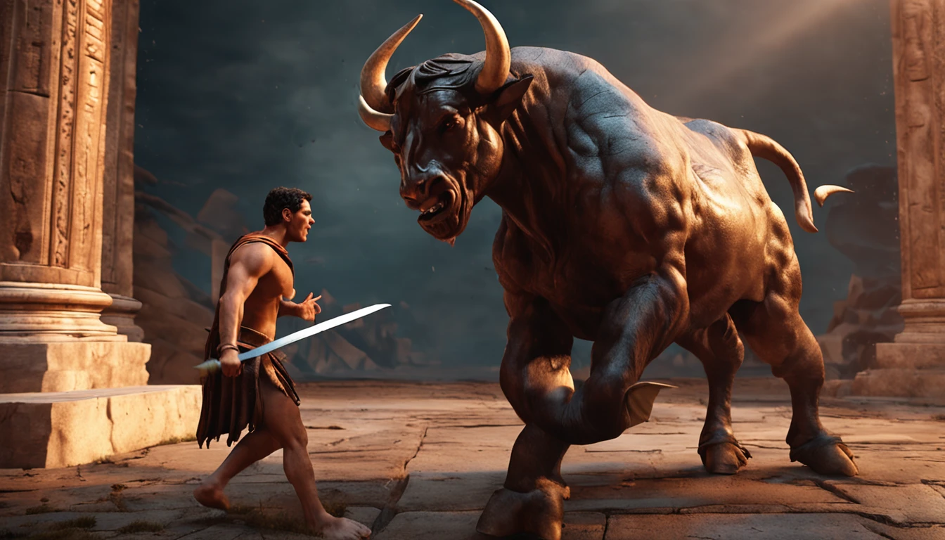"Theseus engages in an epic battle against the menacing Minotaur with his courageous spirit."