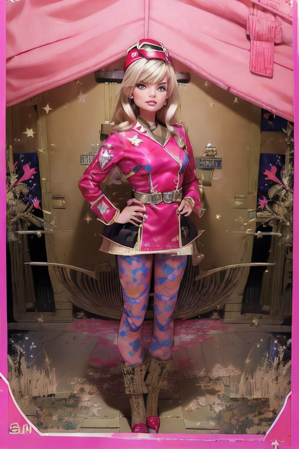 masterpiece, ultra high resolution, high resolution, hyper-detail, 1girl, inboxDollPlaySetQuiron style, full body, no humans, doll, toy, Barbie, in a gift box, character print, blonde hair, middle length hair, bright blue eyes, (wearing a detailed pink theme (military outfit:1.75) and matching accessories:1.5), pink sparkles, sprinkles, barbie pink color theme, beautiful female barbie, full lips, parted_lips, heavy make-up, smoky eyes, detailed eyes, pretty face, 3DMM, inboxDollPlaySetQuiron style,(Margot Robbie),