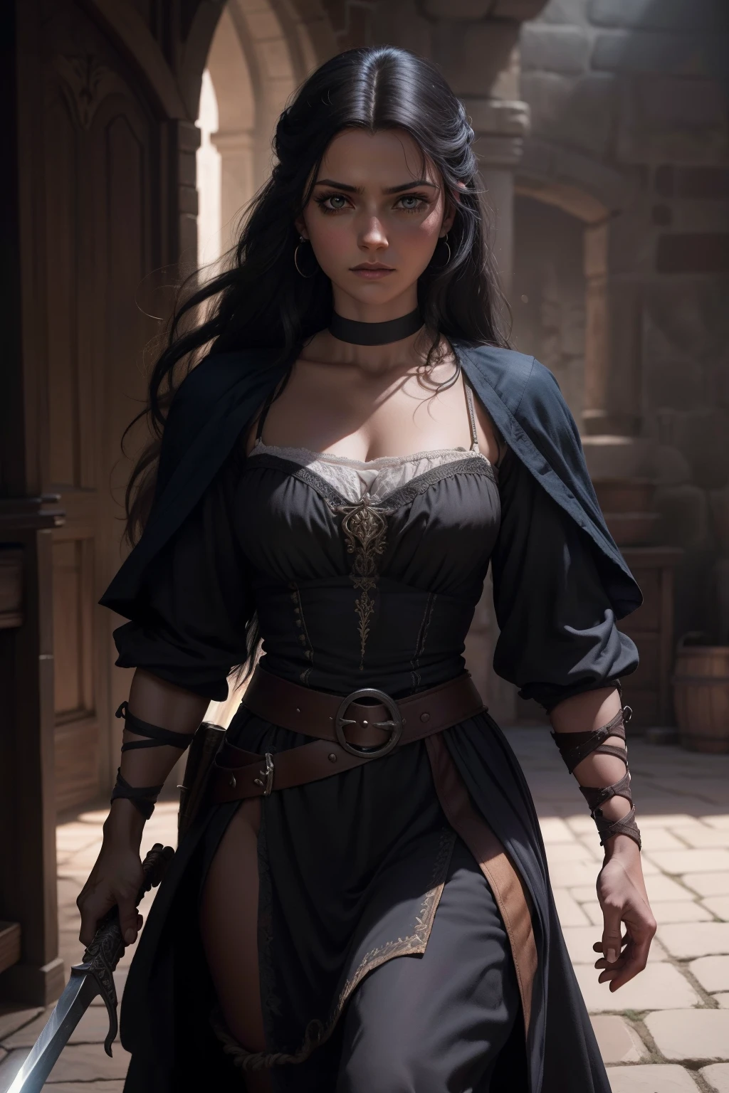 Dark Agnes de Chastillon, personagem feminina de cabelos ruivos curtos, olhos azuis penetrantes, sensualidade selvagem, mulher usando roupas masculinas sem perder a sua sensualidade, set in the sixteenth century, becos de uma cidadela francesa, little lighting, walking aggressively with a sword in his hand and a pistol laden with gunpowder in his quiver,film composition photography, Very detailed, extremely high-resolution, cor profissional, luz maravilhosa, luz do dia, 300k resolution,
altamente realista, muitos detalhes.