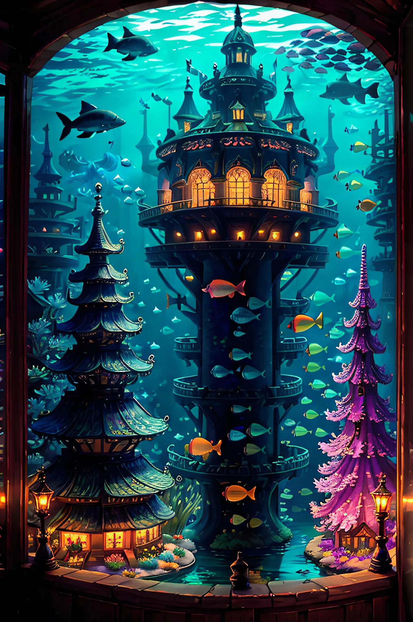 A living underwater city, illuminated by bioluminescent corals and aquatic plants, where fish of all kinds swim gracefully around. In the city center there is a huge, ornate shell throne adorned with pearls and shell jewellery, surrounded by colorful fish, carriages drawn by dolphins carrying dignitaries to the palace, giant sharks