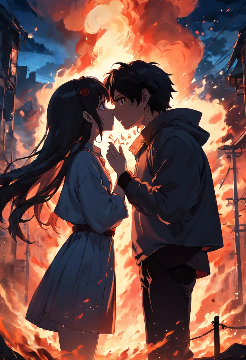 Couple boy and girl kissing while in a fire