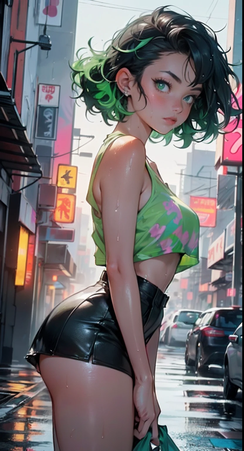 girl youtuber,(((1girl))),((extremely cute and beautiful green curly-haired girl)),

(short breasts:1.4),(((green curly hair:1.35,very curly hair,colored inner hair,ear breathing,short hair))),(((green eyes:1.3))),intricate eyes,beautiful detailed eyes,symmetrical eyes,((fat)),(((lustrous skin:1.5,bright skin: 1.5,skin tanned,shiny skin,very shiny skin,shiny body,plastic glitter skin,exaggerated shiny skin,illuminated skin,wet legs))),delicate detailed fingers,detailed body,human hands,(detailed face),

cute,slutty,seductive,erotic,(((nsfw))),

zettai ryouiki,revealing clothing,show skin,((rave mini-skirt,visible thong straps,white loose tank top with an pop art print)),((wet clothes,intricate outfit,intricate clothes)),

(dynamic pose:1.0),embarrassed,(centered,scale to fit dimensions,Rule of thirds),

cyberpunk city by the ocean at night, with bright neon signs and dark stormy clouds and puddles, scenery:1.25,

motor irreal:1.4,UHD,La mejor calidad:1.4, fotorrealista:1.4, textura de la piel:1.4, obra maestra:1.8,highres, sharp focus, (ultra detailed, extremely detailed), (photorealistic artwork:1.37),(extremely detailed CG unity 8k wallpaper),((synthwave background theme)),(((vibrant colors))),(intricate background),(masterpiece),(best quality),