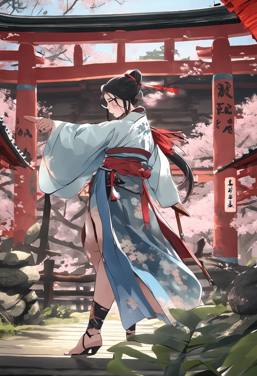 The highest image quality, masterpiece, 超A high resolution, poster for, 8K, Fantasyart, 动态照明, art stations, poster for, volume illumination,Glossy hair、shinny skin、Curvaceous but slender。In a farming village with beautiful Japan scenery、One lightly armed female samurai is fighting。 In some cases, muscular samurai with visible cleavage are dressed in simple kimonos and simple armor.、In his hand he holds a Japan sword。 Blue in Japan countryside々A birch forest spreads out、A gentle breeze blows to the castle that can be seen faintly in the distance。 Samurai hide in a building、Pay attention to enemies creeping around。 A smile appeared on the samurai's face、Tension and anticipation are mixed before the battle。 Japan The blade of the sword was pulled out of its scabbard、Draw the moment when you freely wield a sword with the light body of a samurai Japan。 Use this prompt to、Draw a combat action。