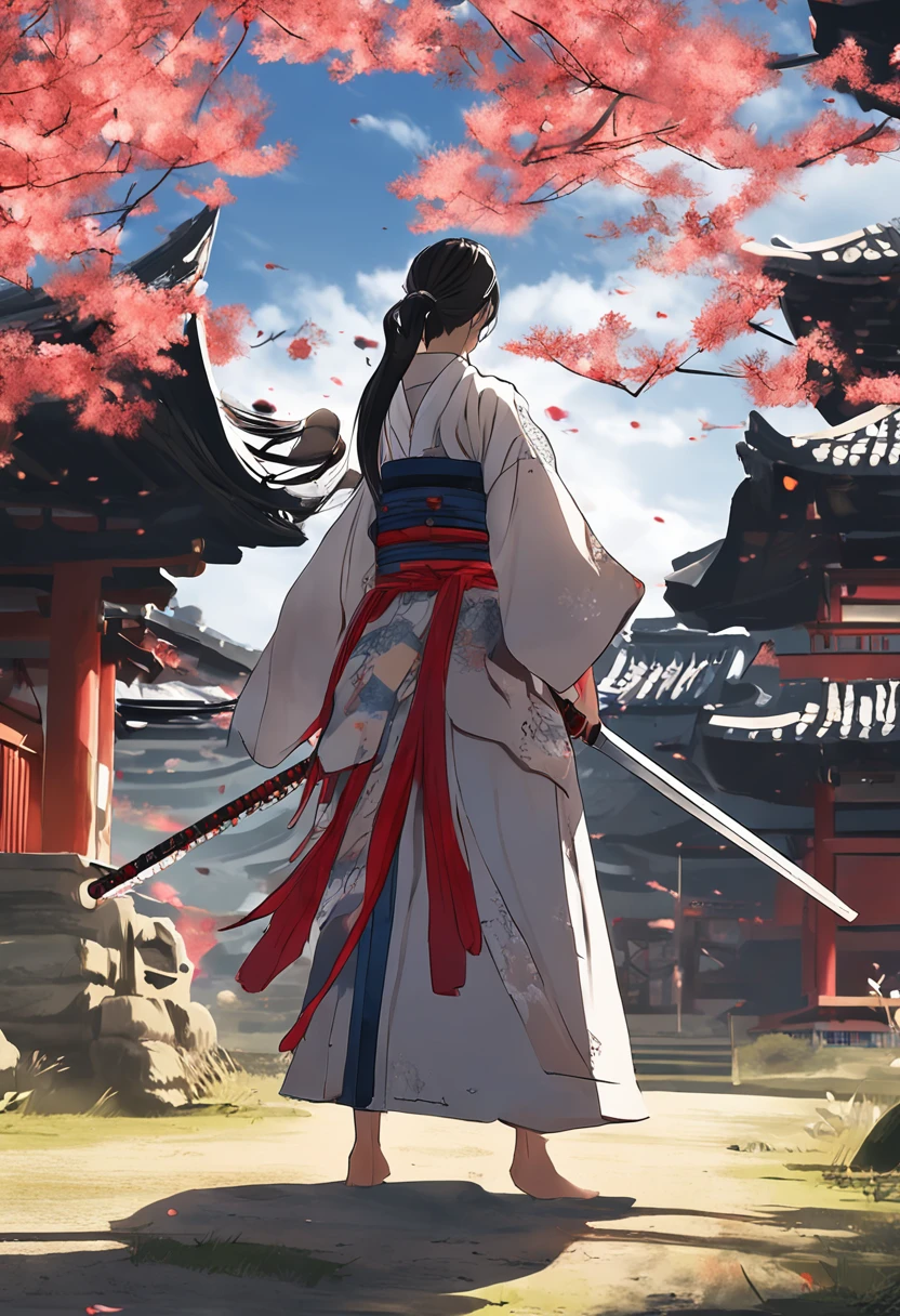 The highest image quality, ​masterpiece, 超A high resolution, poster for, 8K, Fantasyart, 动态照明, art  stations, poster for, volume illumination,Glossy hair、shinny skin、Curvaceous but slender。In a farming village with beautiful Japan scenery、One lightly armed female samurai is fighting。 In some cases, muscular samurai with visible cleavage are dressed in simple kimonos and simple armor.、In his hand he holds a Japan sword。 Blue in Japan countryside々A birch forest spreads out、A gentle breeze blows to the castle that can be seen faintly in the distance。 Samurai hide in a building、Pay attention to enemies creeping around。 A smile appeared on the samurai's face、Tension and anticipation are mixed before the battle。 Japan The blade of the sword was pulled out of its scabbard、Draw the moment when you freely wield a sword with the light body of a samurai Japan。 Use this prompt to、Draw a combat action。