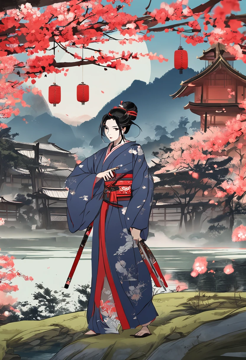 The highest image quality, masterpiece, 超A high resolution, poster for, 8K, Fantasyart, 动态照明, art stations, poster for, volume illumination,Glossy hair、shinny skin、Curvaceous but slender。In a farming village with beautiful Japan scenery、One lightly armed female samurai is fighting。 In some cases, muscular samurai with visible cleavage are dressed in simple kimonos and simple armor.、In his hand he holds a Japan sword。 Blue in Japan countryside々A birch forest spreads out、A gentle breeze blows to the castle that can be seen faintly in the distance。 Samurai hide in a building、Pay attention to enemies creeping around。 A smile appeared on the samurai's face、Tension and anticipation are mixed before the battle。 Japan The blade of the sword was pulled out of its scabbard、Draw the moment when you freely wield a sword with the light body of a samurai Japan。 Use this prompt to、Draw a combat action。