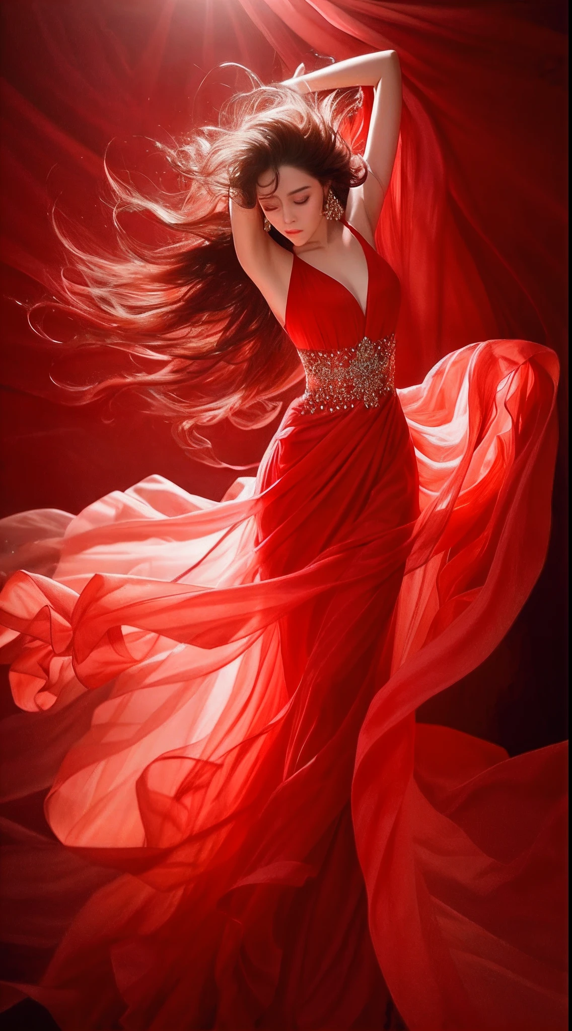 A woman in a long dress blows her hair and dances, floating dress, beautiful flowing fabric, draped in flowing fabric, flowinggown, Flowing fabric, realskin,Glossy glossy skin,Realistic color photos,Long red dress,hyper HD,8K