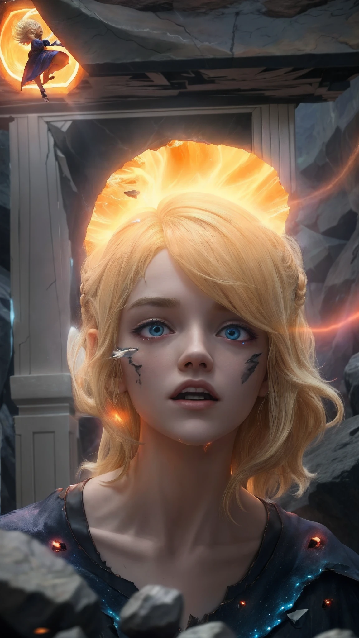 female barefoot summoner levitating with blonde hair robes and cape arms lifted up over a broken earth bright lava light from below asteroid field (jagged rocks boulders and debris shooting into the air:1.3) (windy dust debris storm:1.1) volumetric fog mist ray tracing z pass bright light from below, (masterpiece) (best quality) (detailed) (8k) (cinematic lighting) (sharp focus) (intricate)