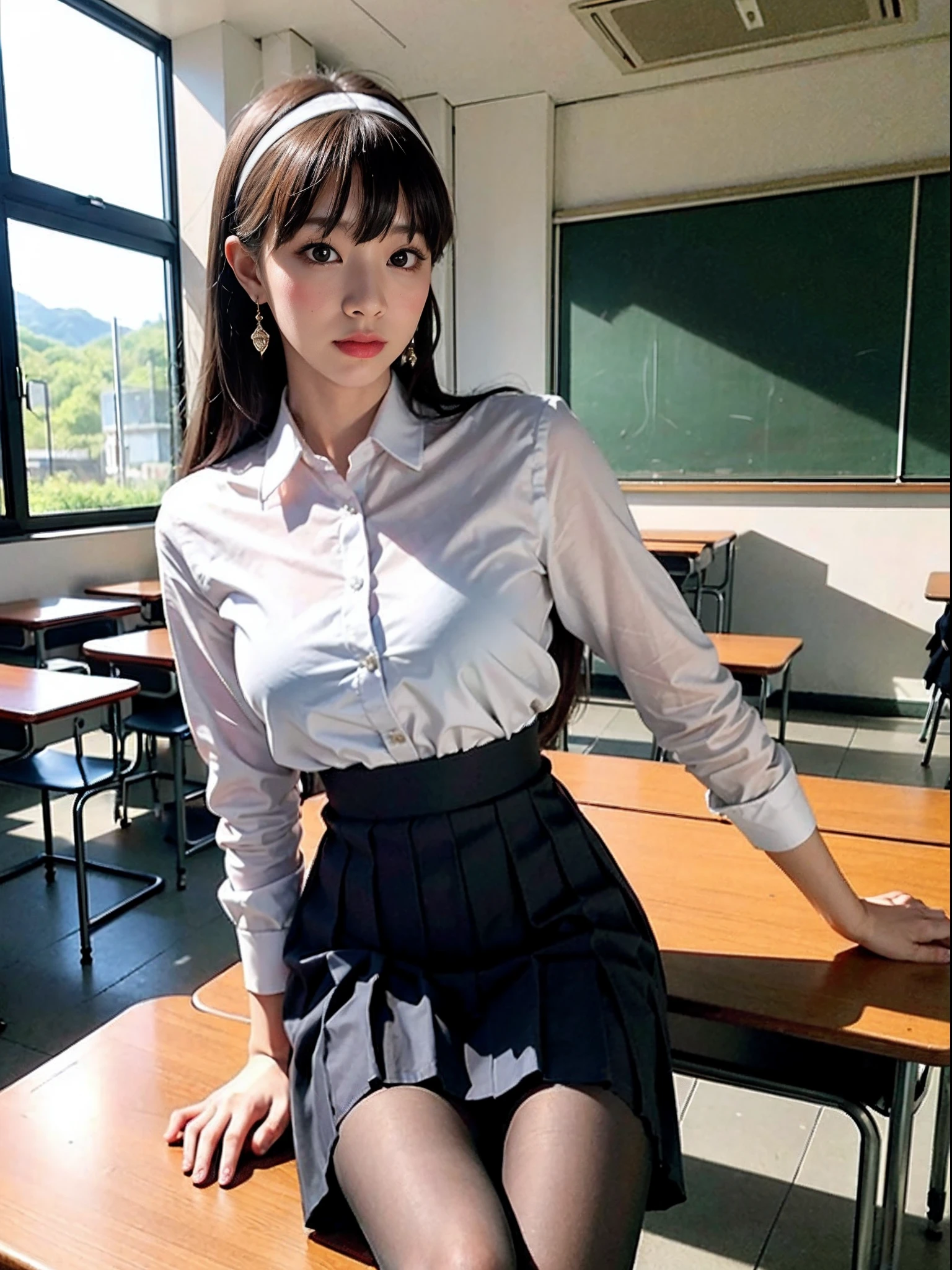 Masterpiece, Best Quality, Ultra Detailed, Illustration, Colorful, FAQ Color, Depth of Field, Lens Glow, 1girl, Hong Kong Beauty, Royal Sister Style, Sexy Style, Seated, Brunette Hair, Looking at the Audience, School, Classroom, Pleated Miniskirt, School Uniform, Serafuku, Black Pantyhose, Delicate Skin Texture, Fine Fabric Texture, Beautiful and Meticulous Face,