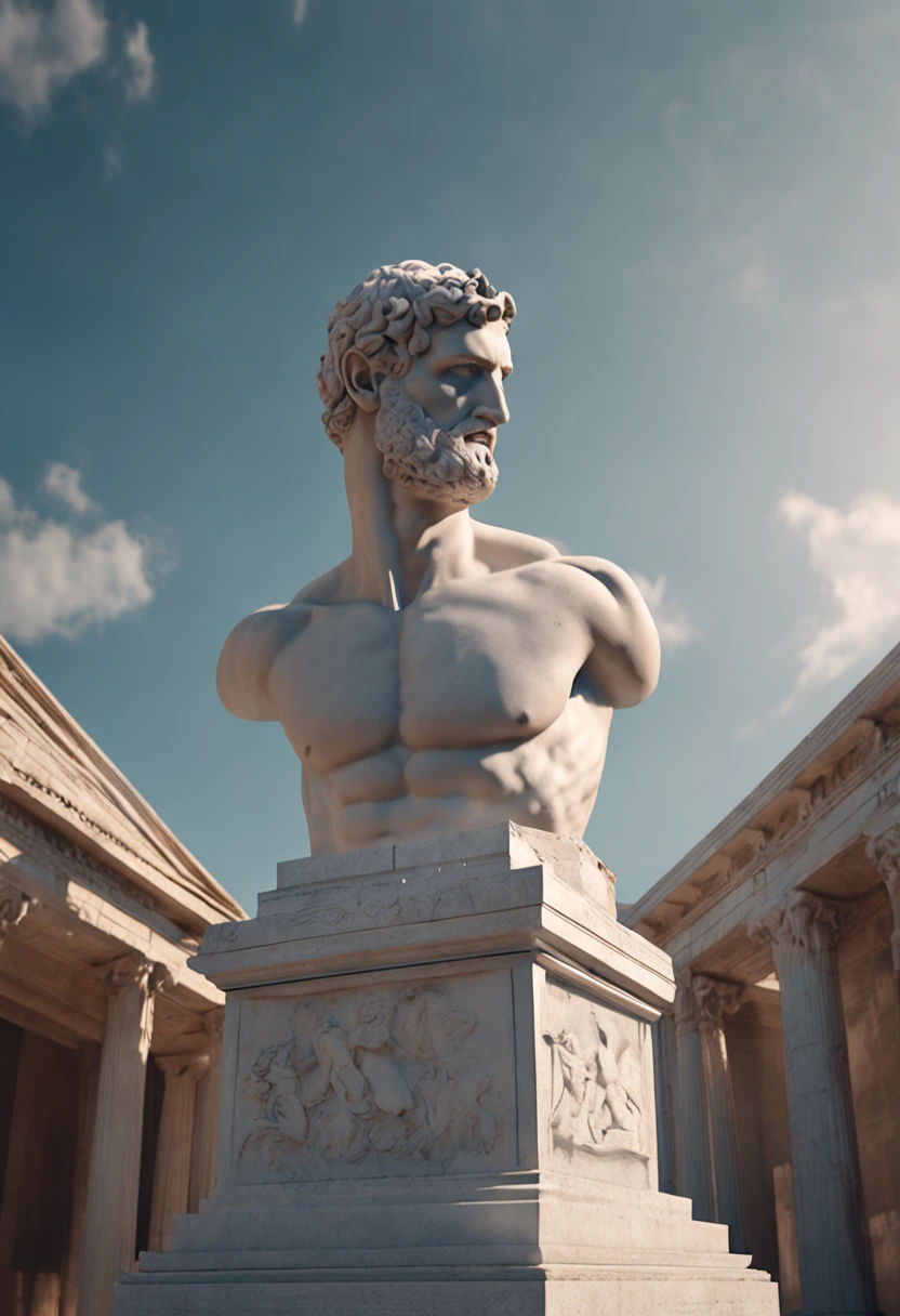 white statue, Stoic gricki which is the historical Greek status with muscles in the muscular man style profile, barba grande, Cinematic 8k e fundo escuro