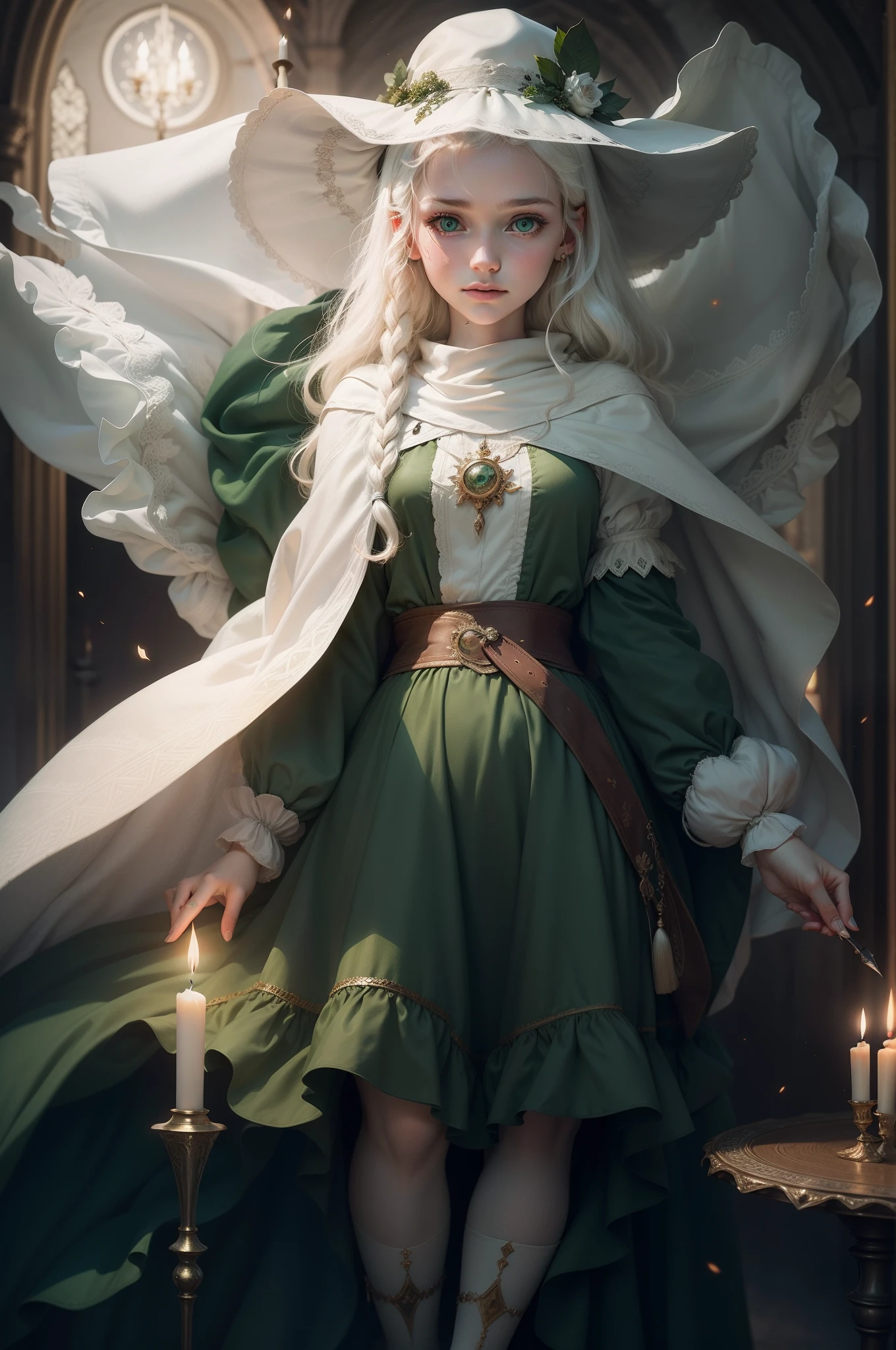 two perfect hands, four perfect fingers, one thumb, fair complexion, woman around 19 years old, ((natural albino hair)), distinctive green eyes, wearing kohl, slender and graceful, beautiful, candlelight in a medieval setting, ultra sharp focus, realistic shot, white medieval female shirt with puffed sleeves, tetradic colors, sharp focus