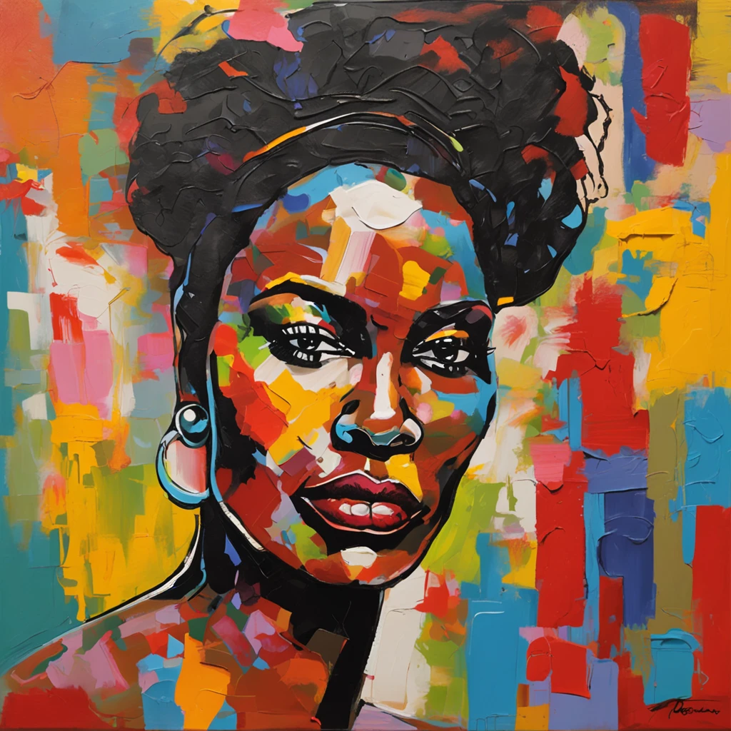 Pintura facial de uma mulher negra, AfrO-BRAZILIAN ethnic race, com um fundo colorido, face abstrata, retrato abstrato, rosto estilizado, Pintura Pop Art, Rosto detalhado altamente expressivo, face feminina expressiva, inspirado em Picasso, uma pintura pop art, pintura bonita expressiva, rosto detalhado de uma mulher de UMA CASTA AFROBRASILEIRA, Detailed expression, estilo picasso, estilo cubismo