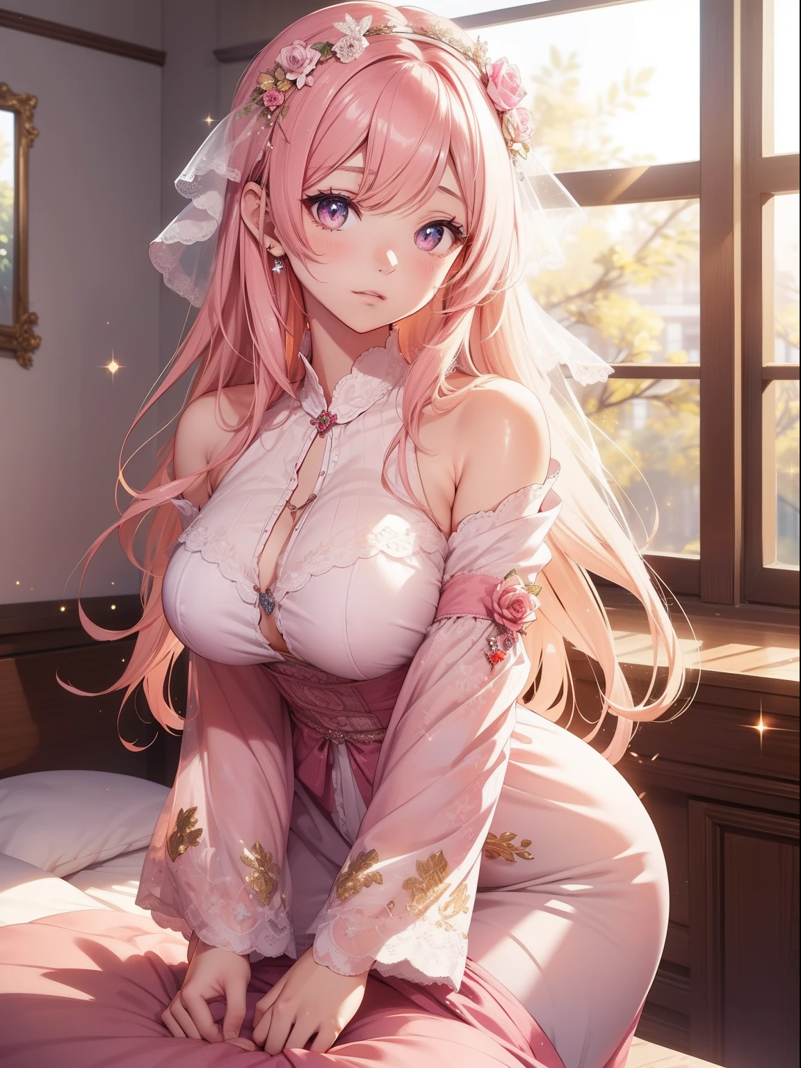 masutepiece, High resolution, 8K, anime woman, Delicate and detailed writing 、Detailed digital illustration、Very long hair and shiny、Bangs、a very beautiful woman、Eyes are double, Large, Bust is D cup、High image quality, High quality、Detailed background、、((Morning room background))、The inside of the eye shines like a diamond、Light pink hair、Gradient pupil、(((2 arms、4 fingers, 1 thumb)))、Detailed female face、Very beautiful and cute woman、、细致背景、​masterpiece、Soft Focus , Bright gradient watercolor , Lens Flare , (((Glitter))) , Glow , Dreamy 、pajamas、Nothing at hand、Idol、Pink ribbon、Very beautiful red rose hair accessories、Pink and gold outfit、White is the main costume、rubbing sleepy eyes、yawning being、close up、Sleeping in a futon