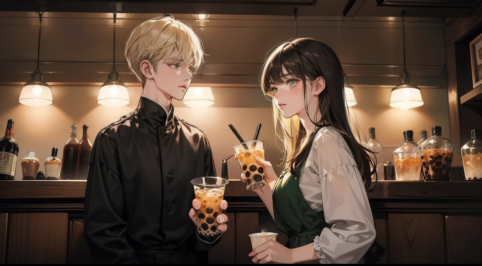 closed friends 1 girl 1 taller boy, different hair color, long dark hair bang and grey eyes, short blonde hair and green eyes, face to face, romantic, in the old fashion bar, night light, drinking bubble tea, mouth opens, talking, 18 years old, shorter dark hair girl, cool light setting, old fashion cloth