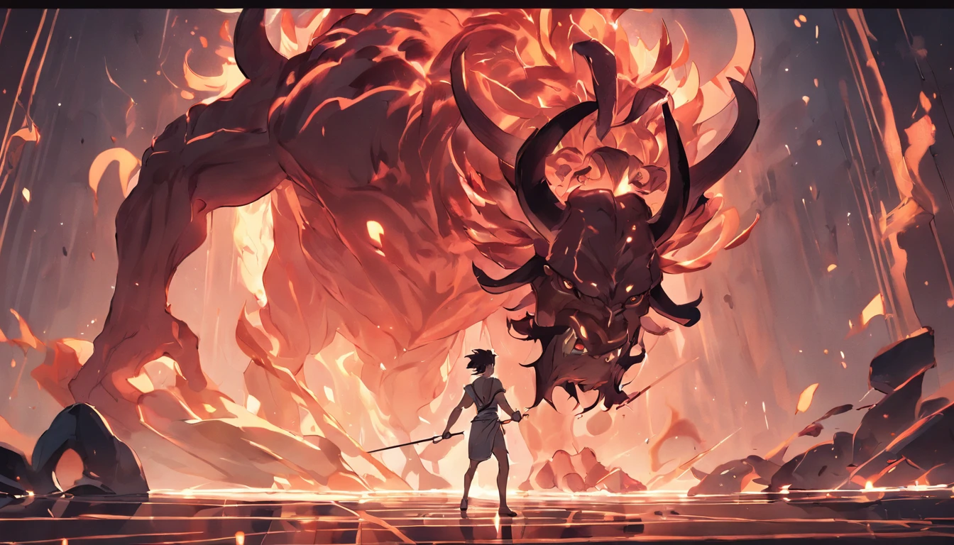 One, huge, terrifying, hideous stone man, full of flames, set against the background of the ruins of the night