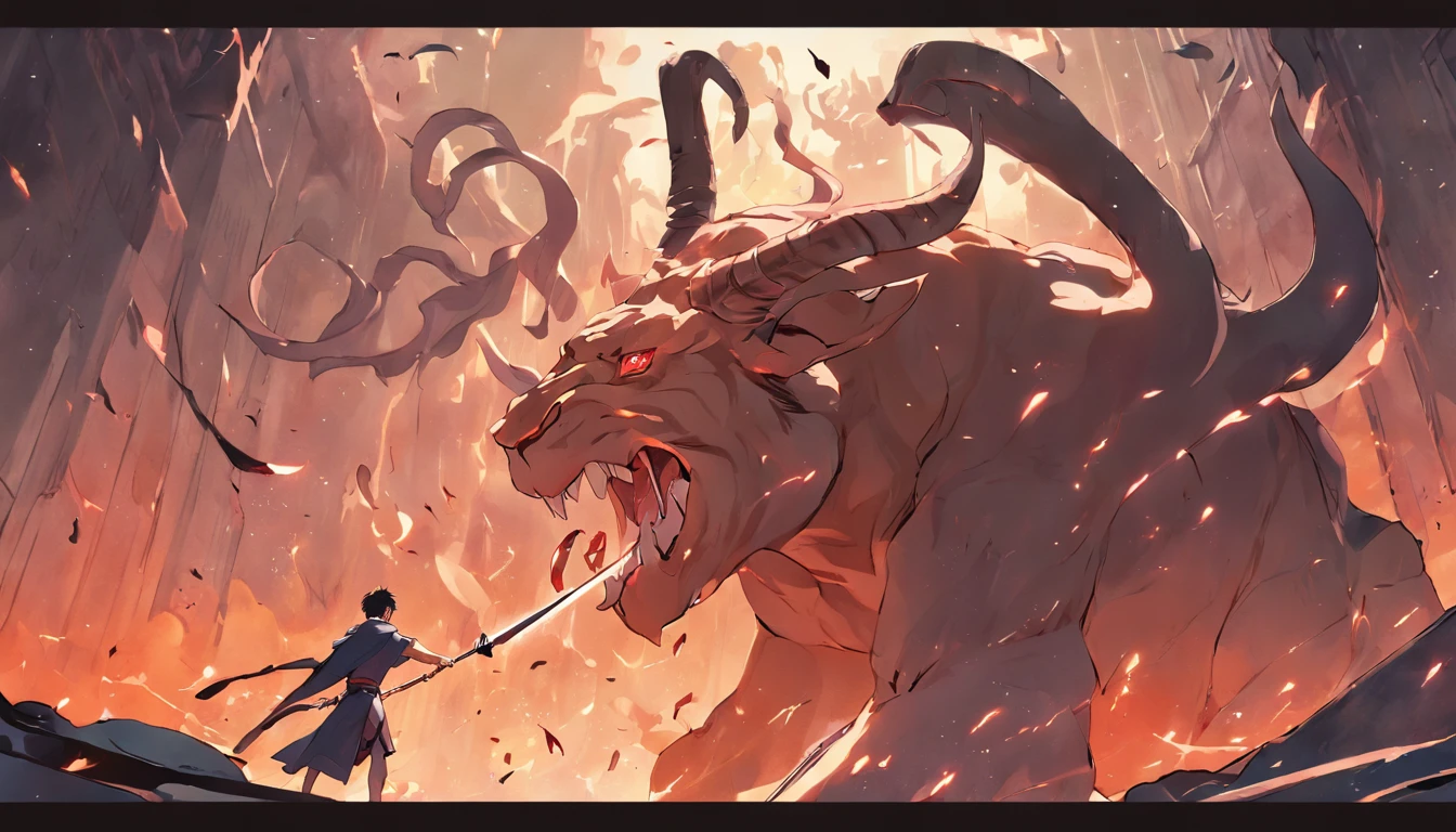 Theseus engages in an epic battle against the menacing Minotaur with his courageous spirit.