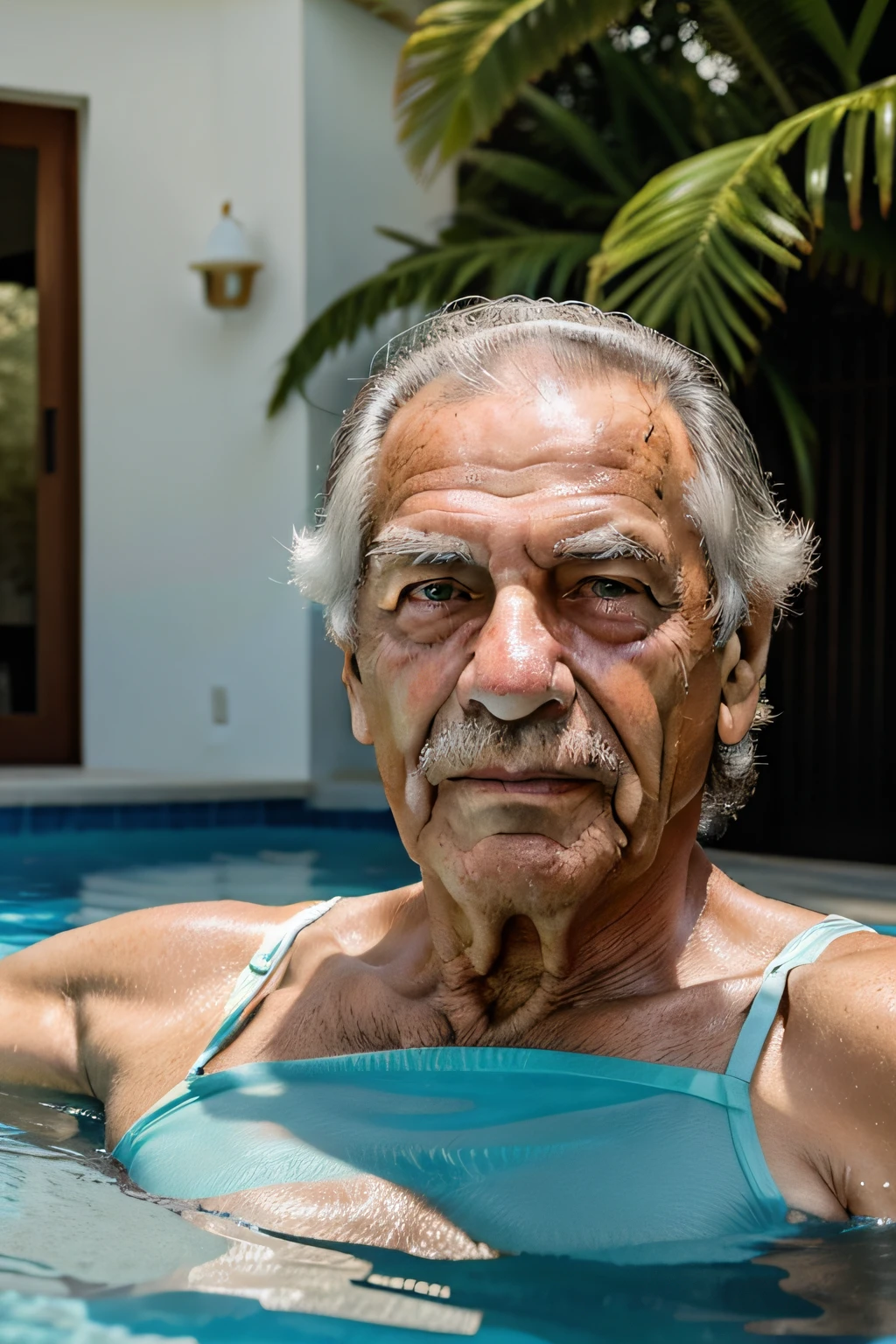 Um homem senhor de aproximadamente 70 anos de idade, elegante, em uma bela casa com piscina, The photo captures the expression of good with life, a foto captura o senhor inteiro.