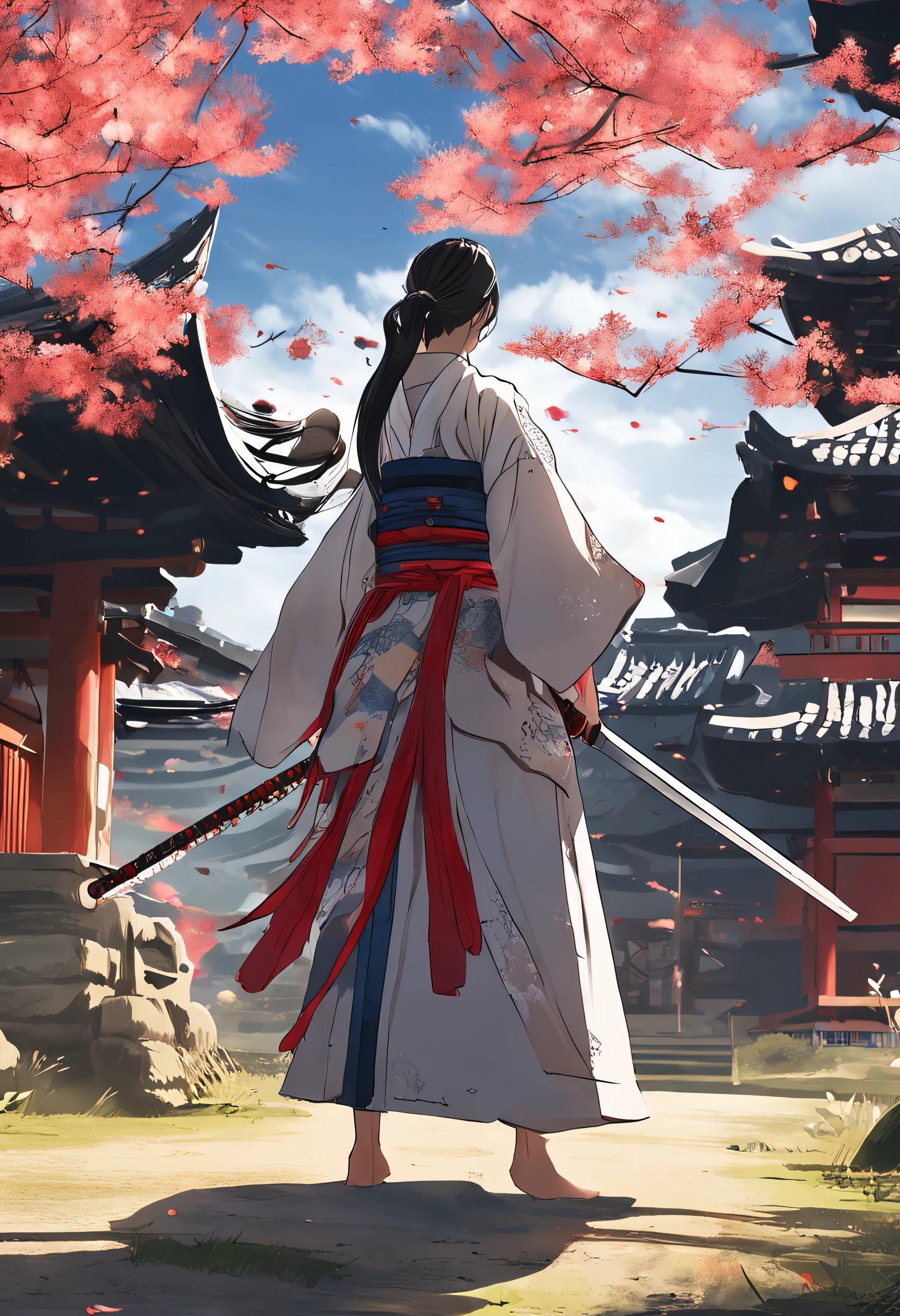 The highest image quality, ​masterpiece, 超A high resolution, poster for, 8K, Fantasyart, 动态照明, art  stations, poster for, volume illumination,Glossy hair、shinny skin、Curvaceous but slender。In a farming village with beautiful Japan scenery、One lightly armed female samurai is fighting。 In some cases, muscular samurai with visible cleavage are dressed in simple kimonos and simple armor.、In his hand he holds a Japan sword。 Blue in Japan countryside々A birch forest spreads out、A gentle breeze blows to the castle that can be seen faintly in the distance。 Samurai hide in a building、Pay attention to enemies creeping around。 A smile appeared on the samurai's face、Tension and anticipation are mixed before the battle。 Japan The blade of the sword was pulled out of its scabbard、Draw the moment when you freely wield a sword with the light body of a samurai Japan。 Use this prompt to、Draw a combat action。