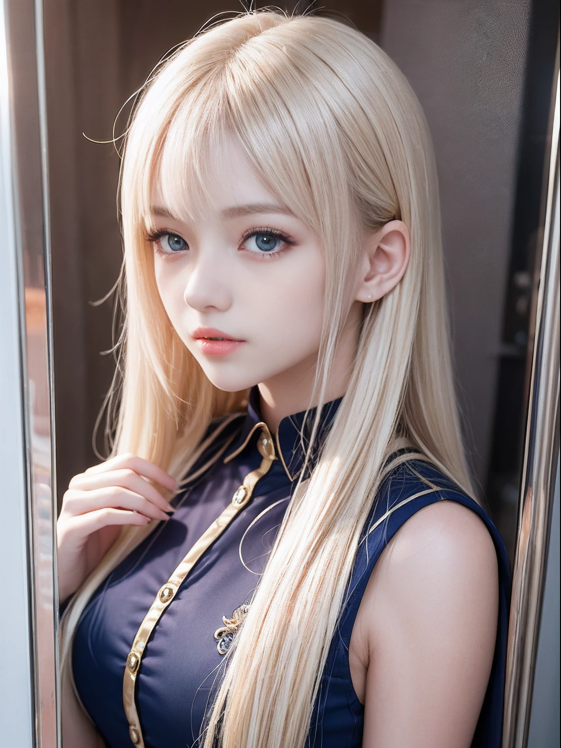portlate、School Uniforms、bright expression、Young shiny shiny white shiny skin、Best Looks、Blonde reflected light、Platinum blonde hair with dazzling highlights、shiny light hair,、Super long silky straight hair、Beautiful bangs that shine、Glowing crystal clear attractive big blue eyes、Very beautiful nice cute 16 year old girl、Lush bust、