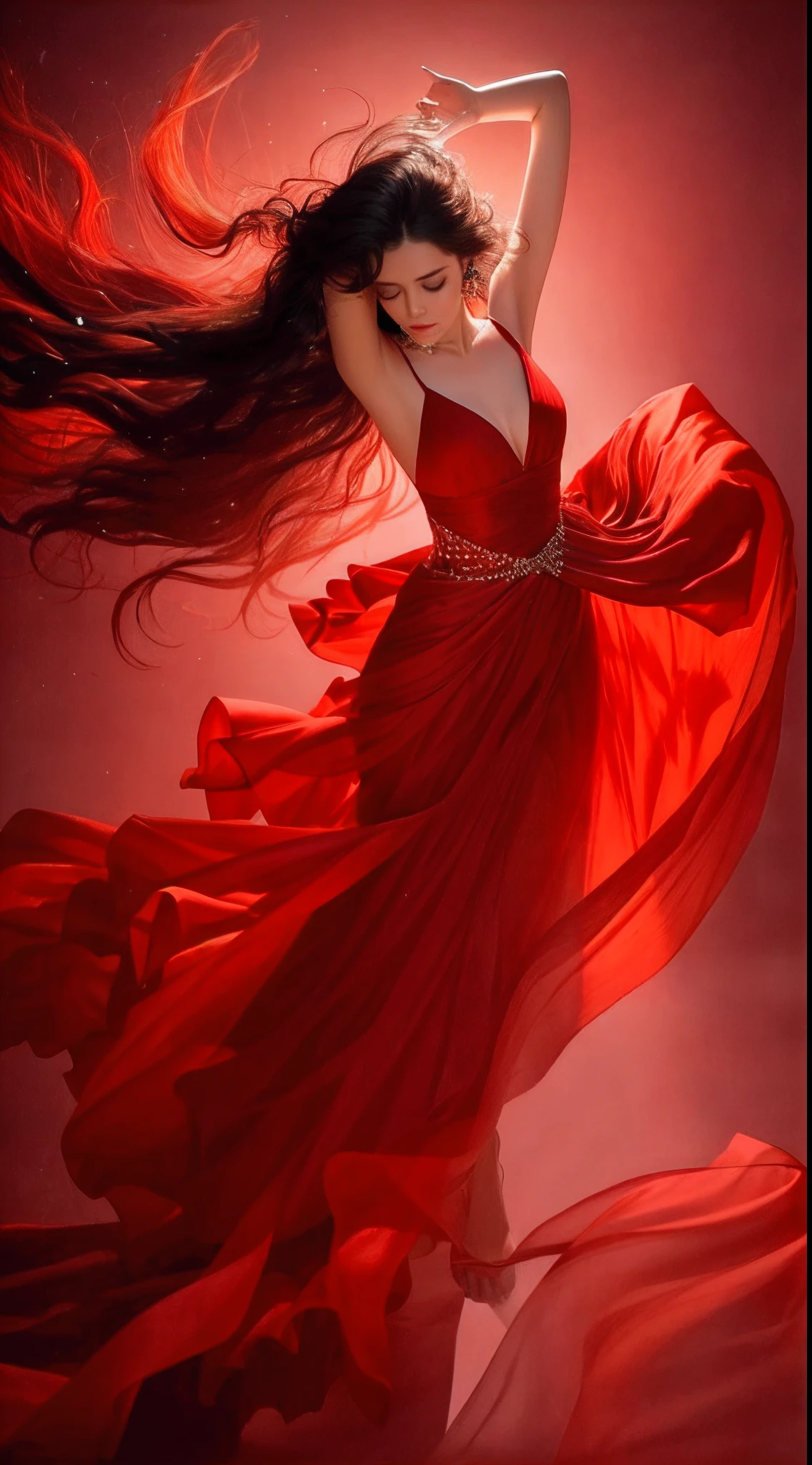 A woman in a red dress is dancing with her hair blowing in the wind ...
