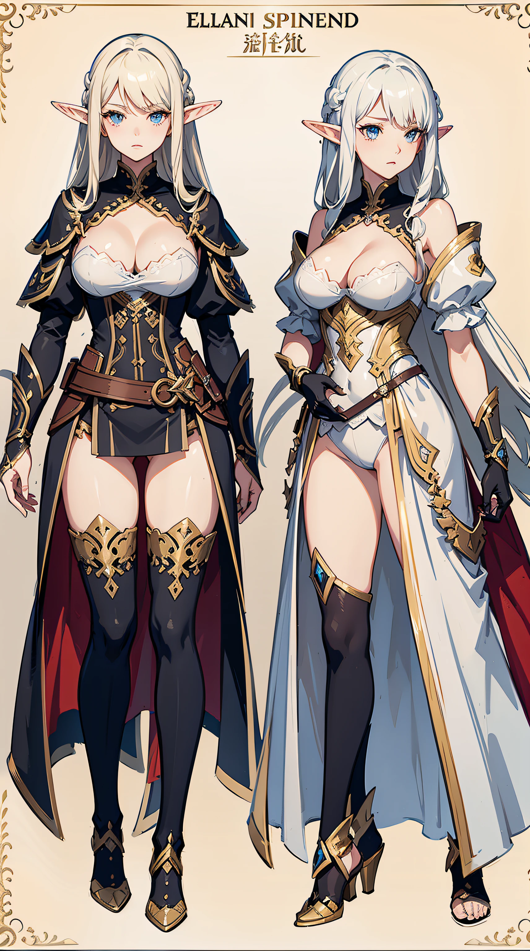 character reference sheet, character design, blade and soul character, 4k,1 woman, high quailty,highly detailed,Role drawings,costume influenced by granado espada and blade and soul games, Information drawings,full body, Entire body,British style, very detailed anime like eyes, bust profile section view, front and back views, very detailed eyes, elven spearwomen's clothing, no bounding boxes, no logos, no text, plain black background, More mature women,blonde-white curls to the waist, Hairpins, tight corset,Lace trim, gauntlets, cleavage, cleavage,Assymmetrical stockings,official game artwork