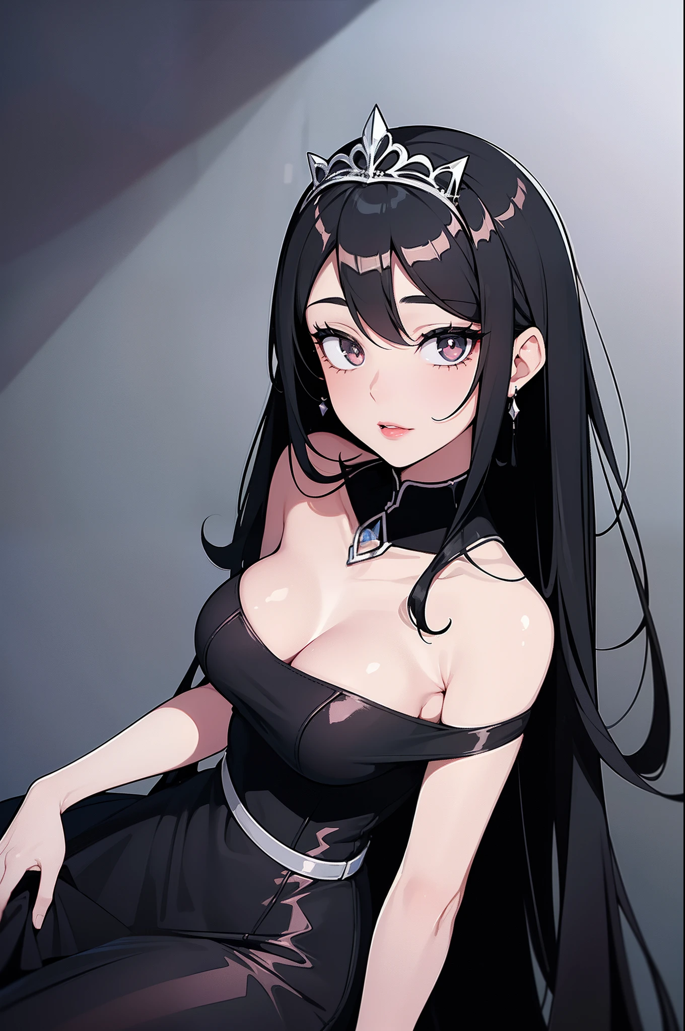 (high quality), women with stunning black hair, a short black dress with long high heels, black tinted lips, gorgeous white pupils, wearing a white tiara on her head,